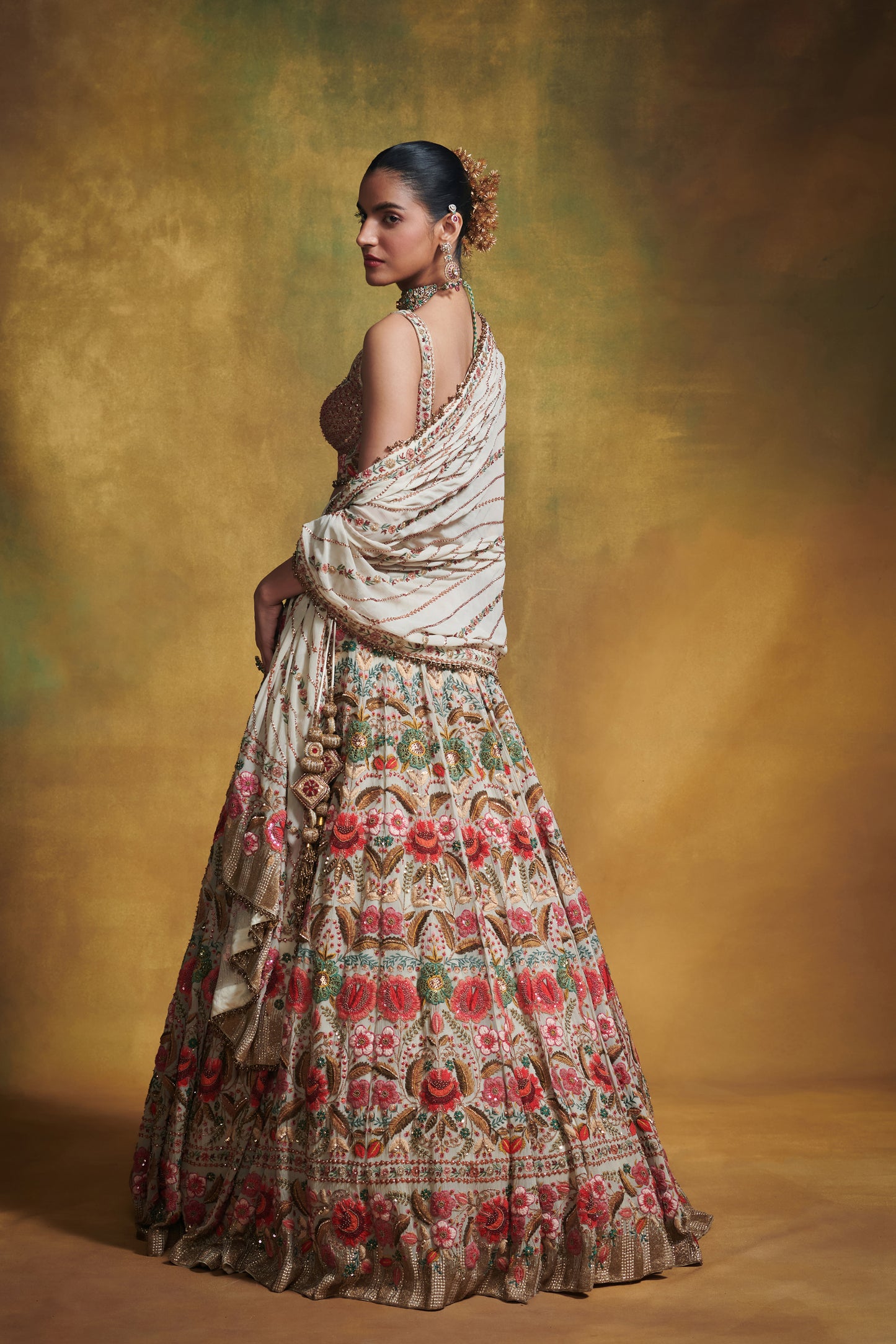 Lehenga Set in Persian Floral motif in thread embroidery