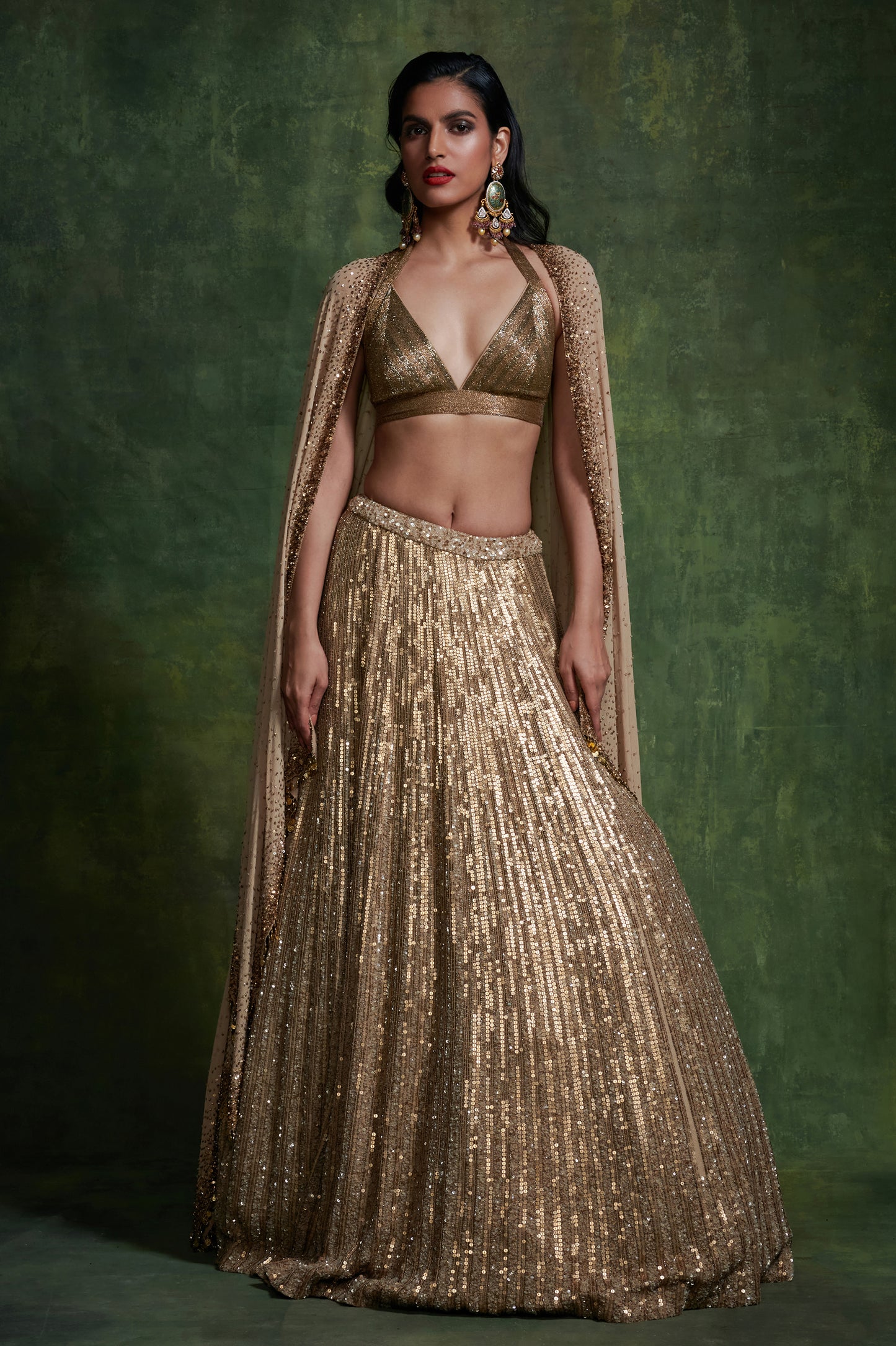 Lehenga, Blouse Cape Dupatta in Mixed Line Sequins Embroidery