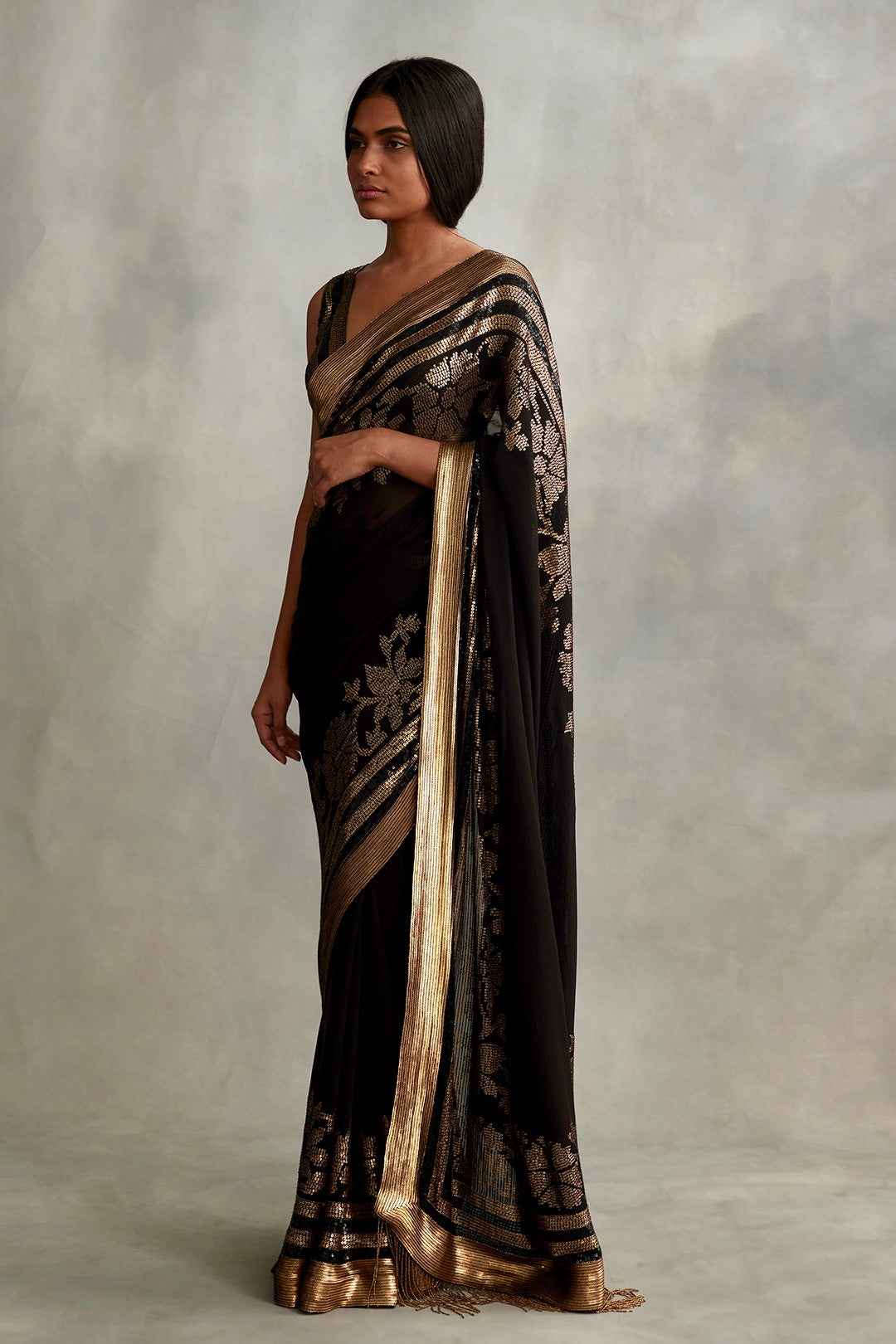 Sari Set in a Floral Motif in Gold Sequins