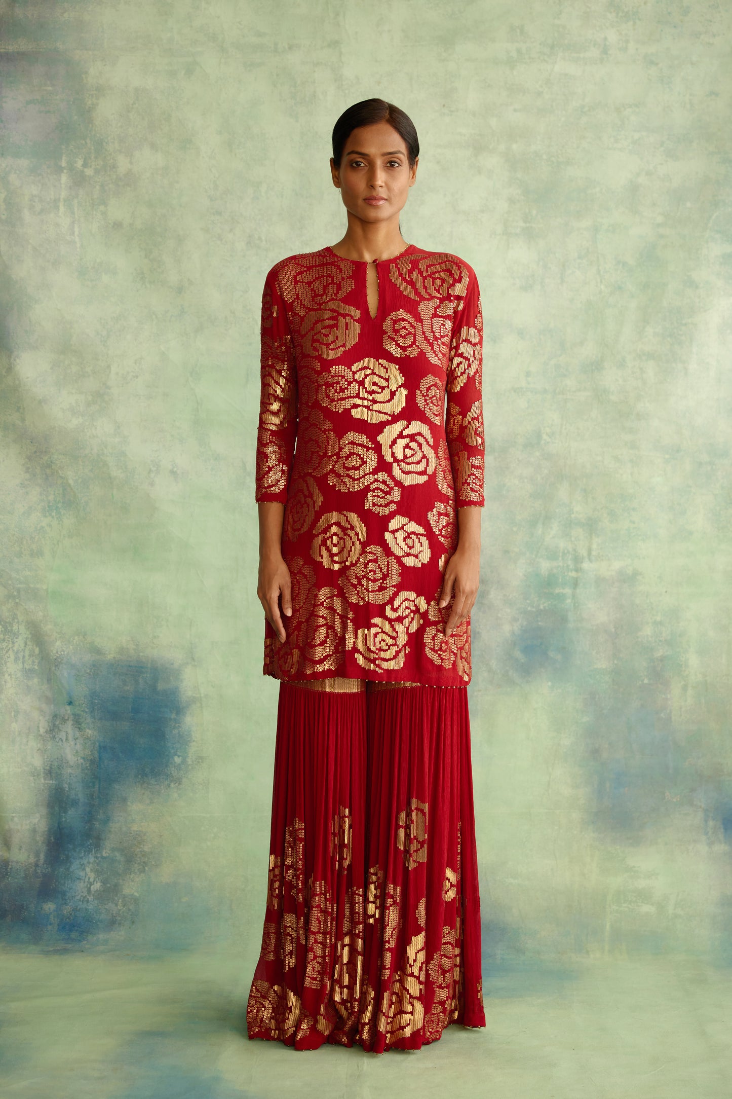 Gharara Set in Signature Rose design in gold sequin embroidery