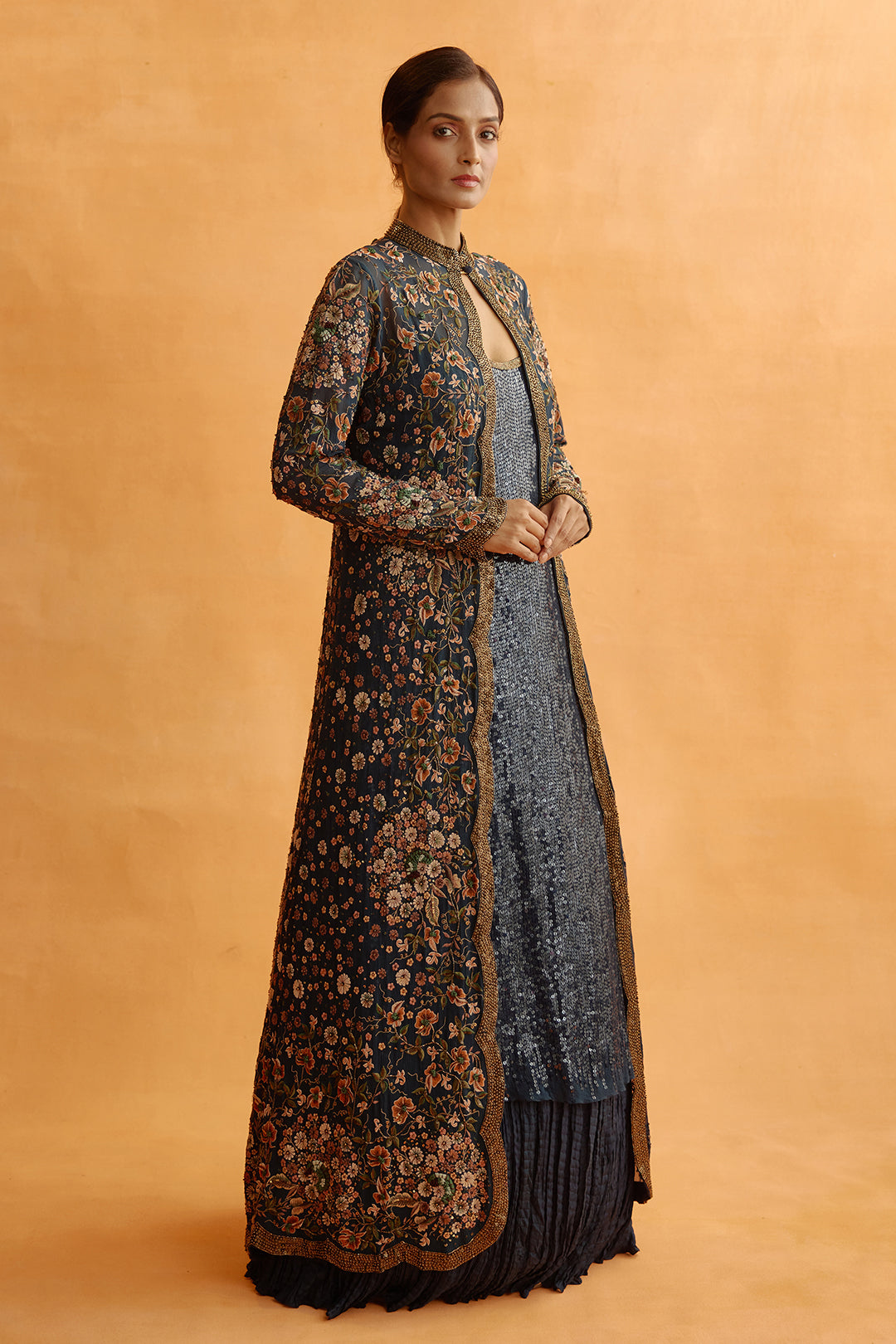 Jacket Set with Floral Thread Embroidery