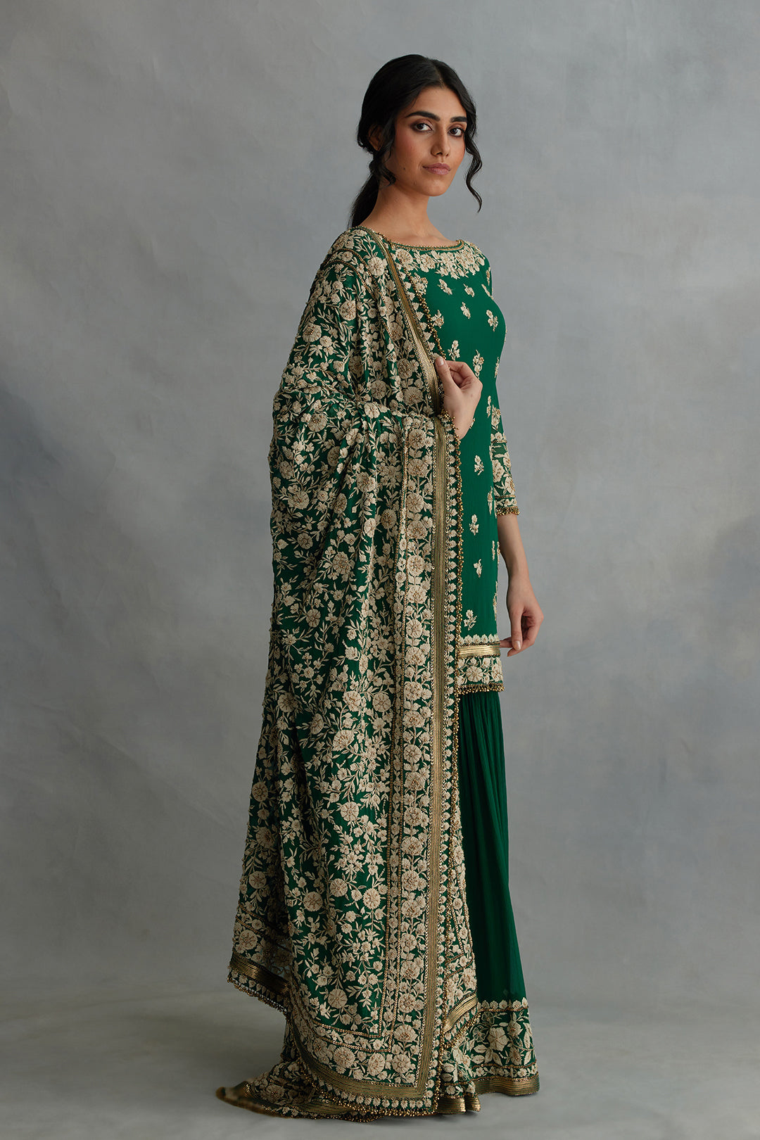 Gharara Set in Old World Ivory Thread Floral Embroidery