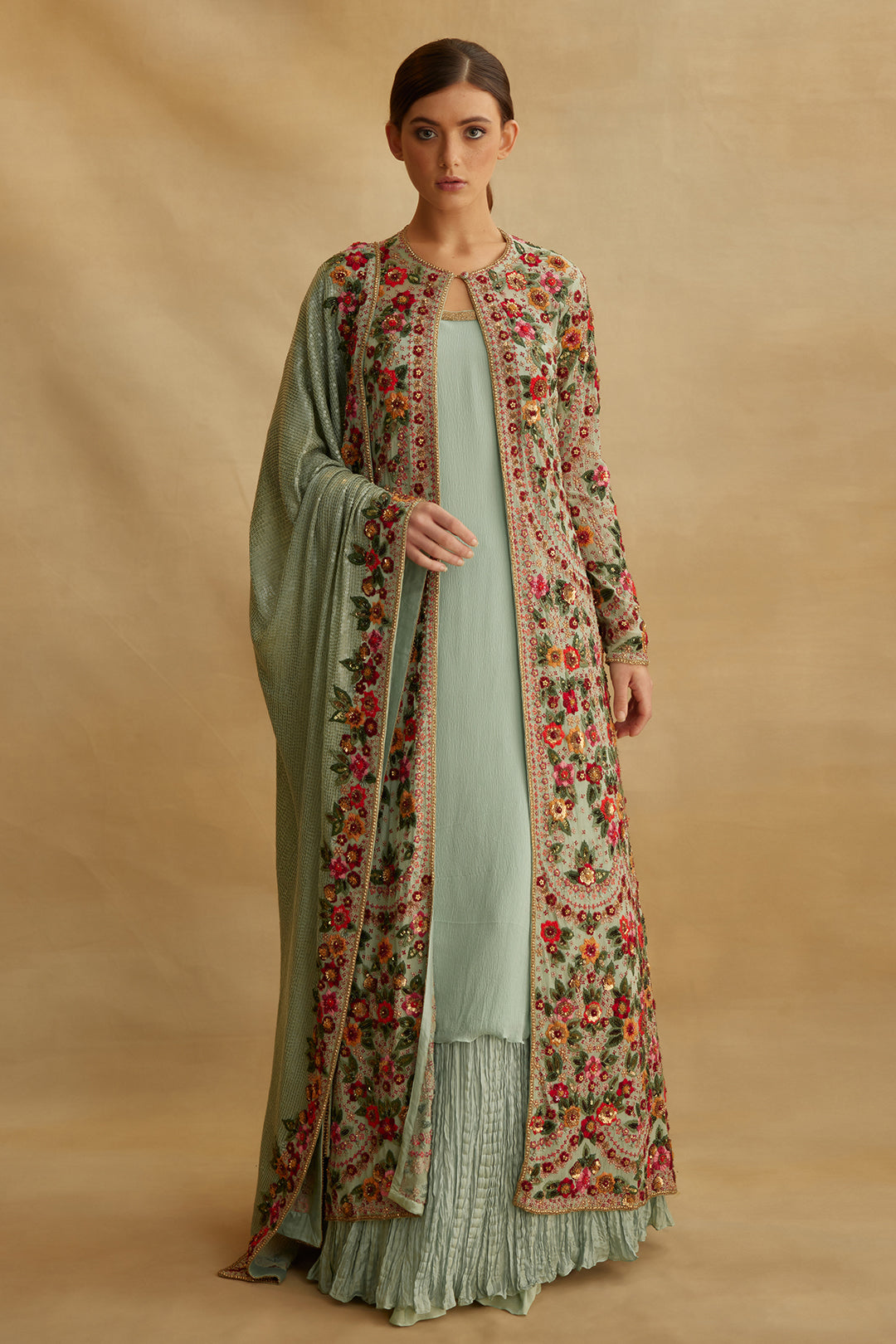 Jacket Set in Floral Multi Thread Embroidery