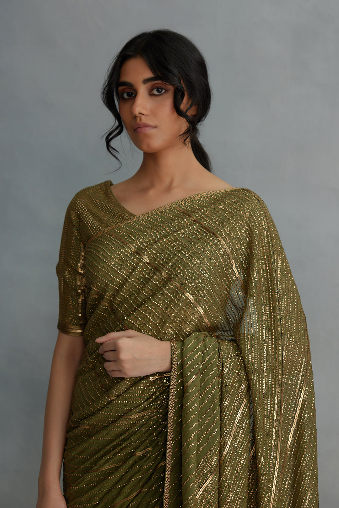 Sari Set in Diagonal Dots Sequin Embroidery