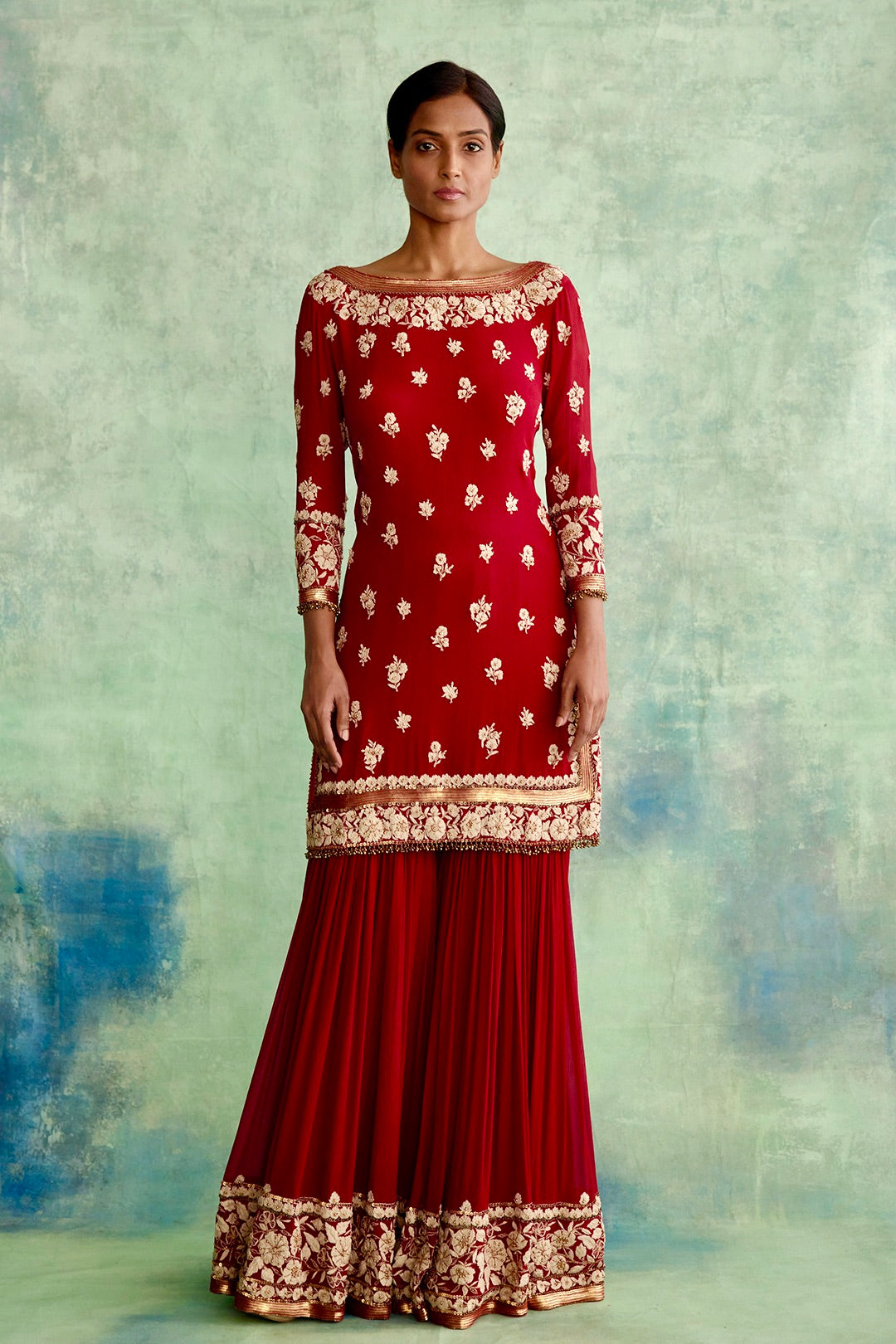 Gharara Set in Old World Ivory Thread Floral Embroidery