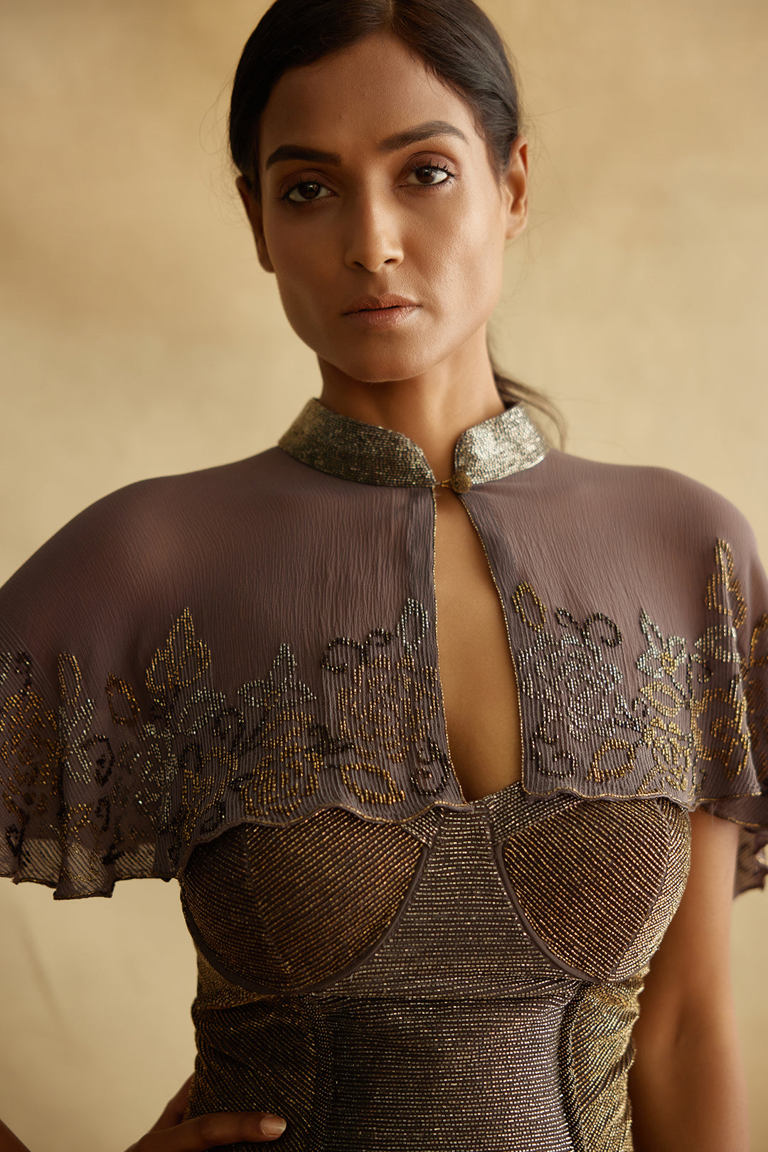 Corset and Pants Set with a Capelet in Bead Work Embroidery
