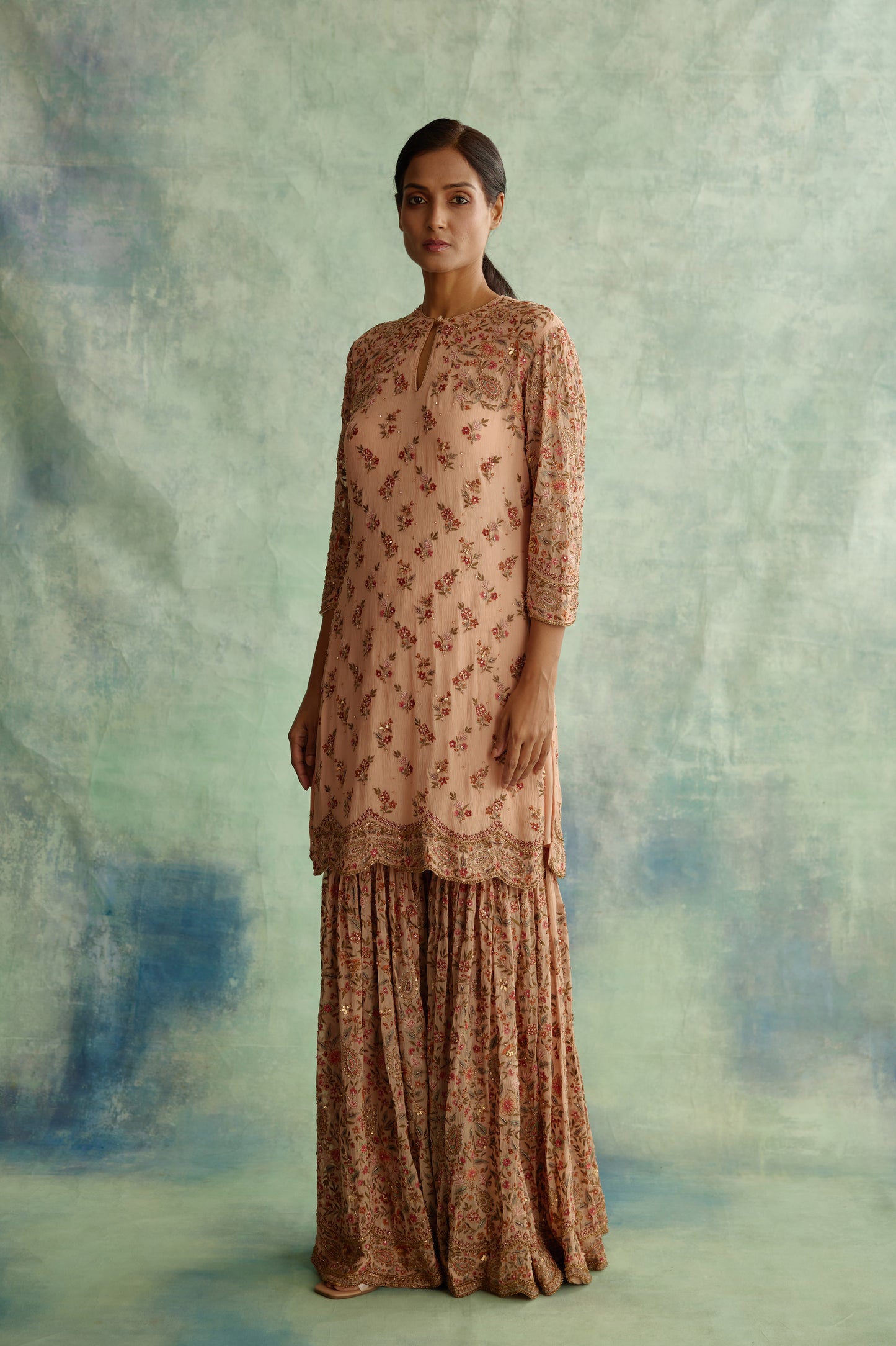 Gharara Set in Paisley Floral Thread embroidery