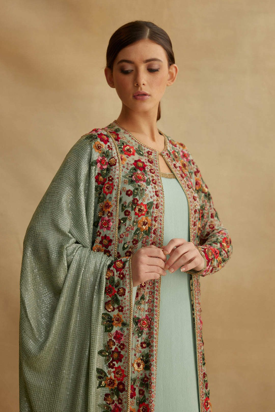 Jacket Set in Floral Multi Thread Embroidery