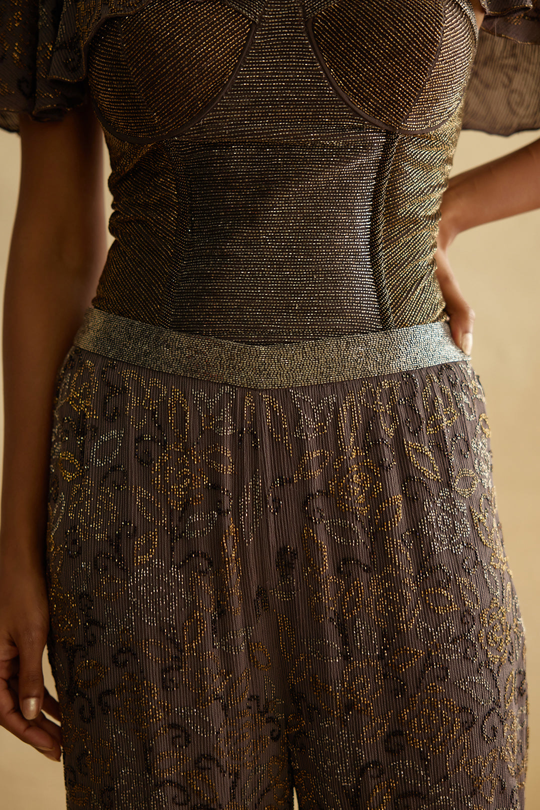 Corset and Pants Set with a Capelet in Bead Work Embroidery