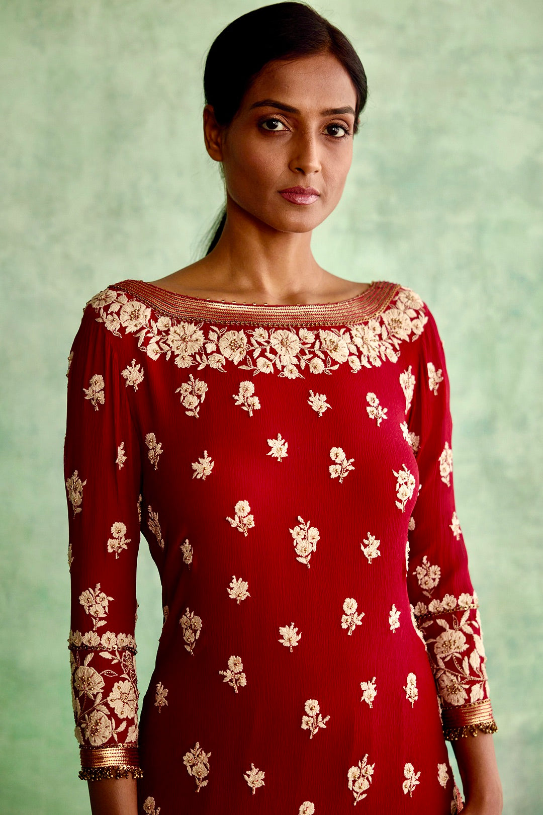 Gharara Set in Old World Ivory Thread Floral Embroidery