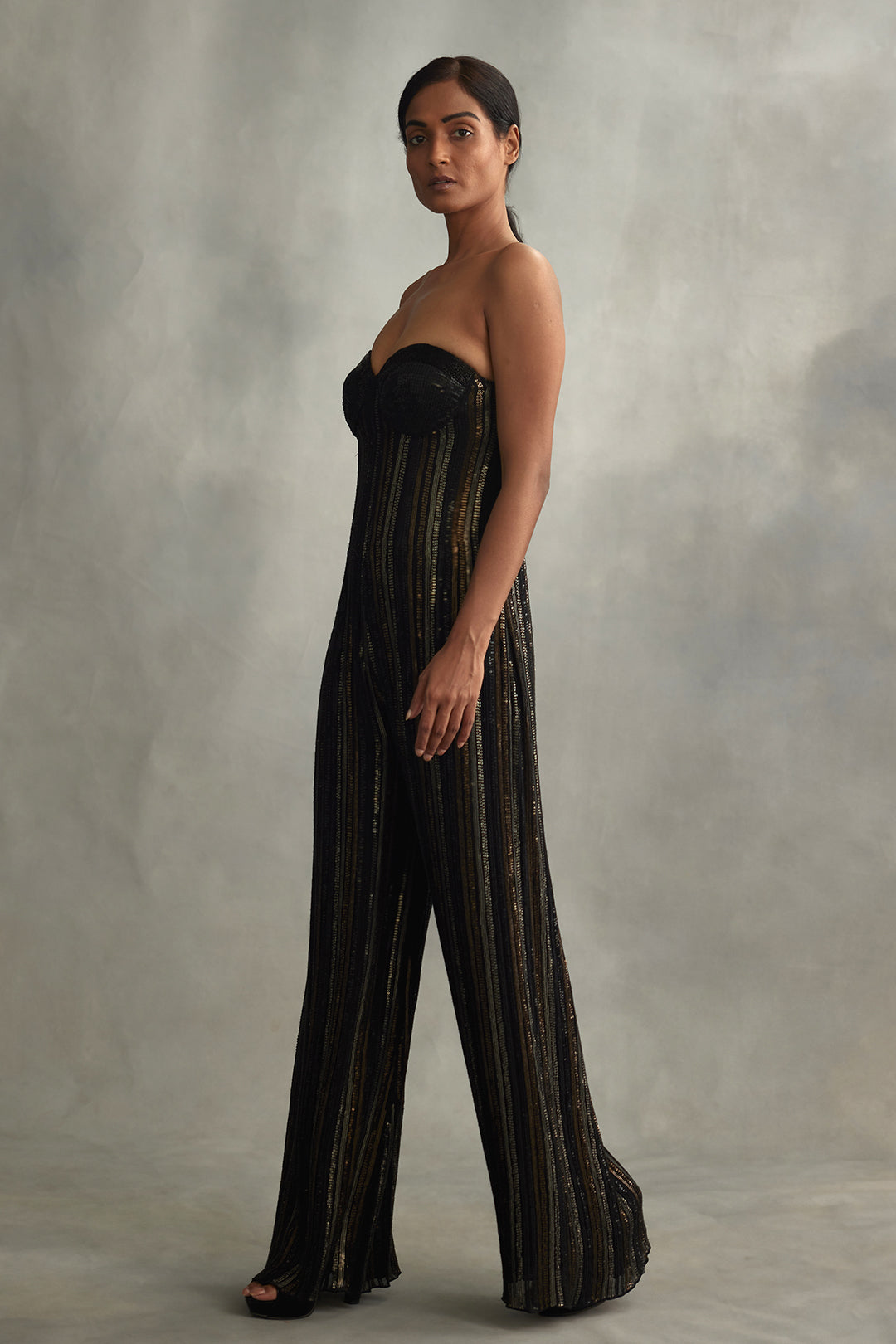 Jumpsuit with Stripe Metallic Sequin Embroidery