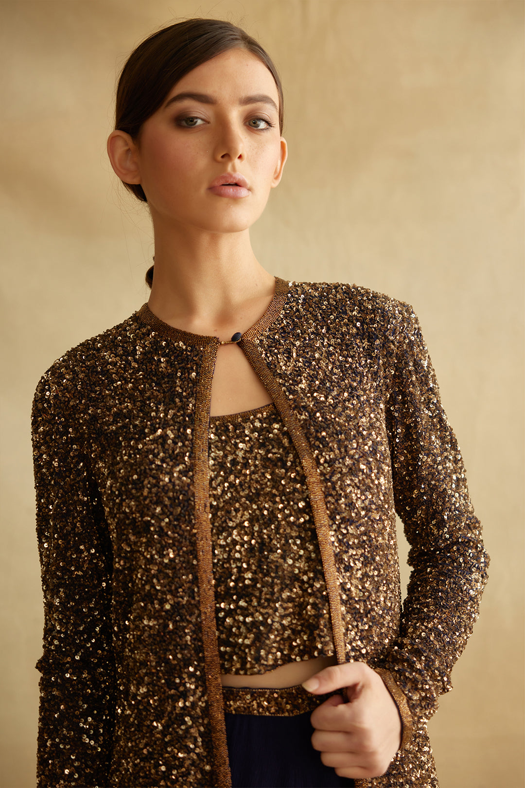 Jacket Set with Gold Sequin Embroidery