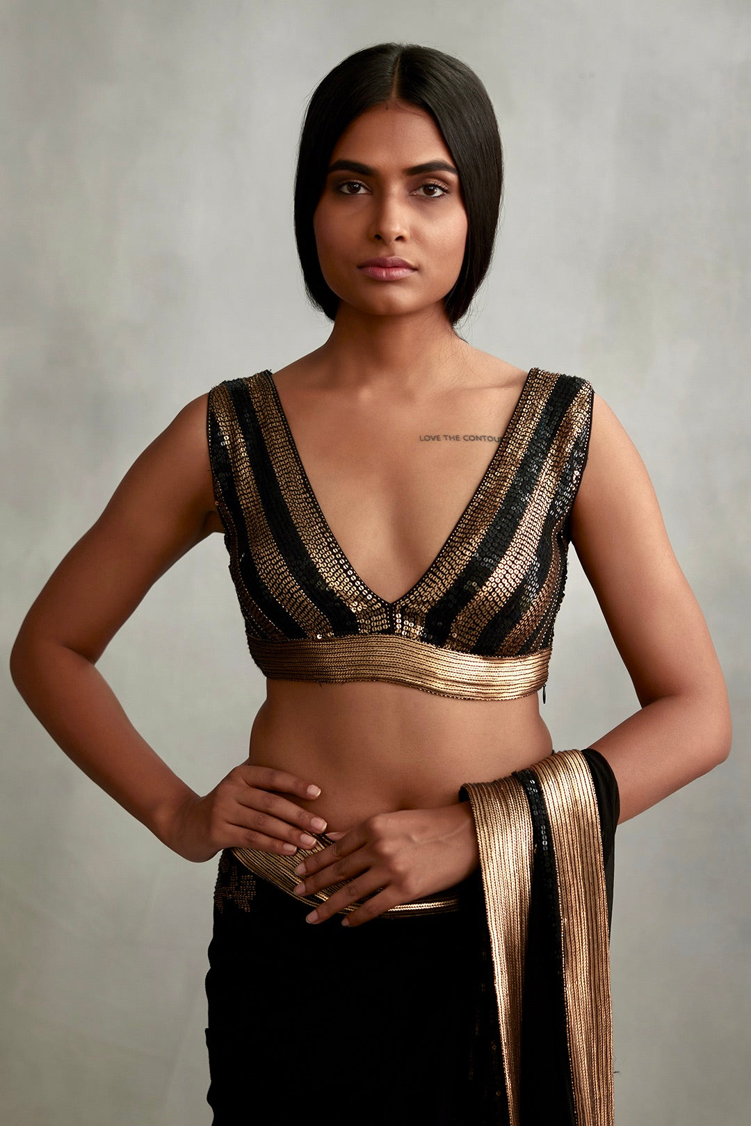 Sari Set in a Floral Motif in Gold Sequins