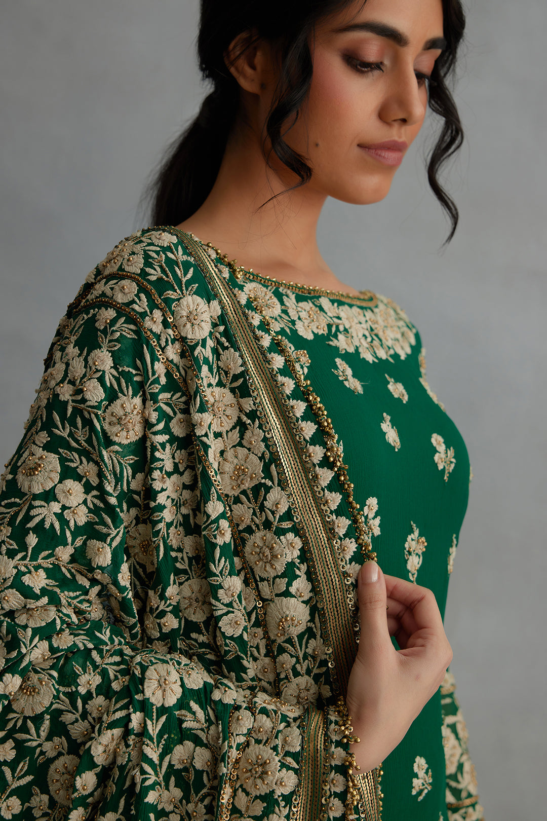 Gharara Set in Old World Ivory Thread Floral Embroidery
