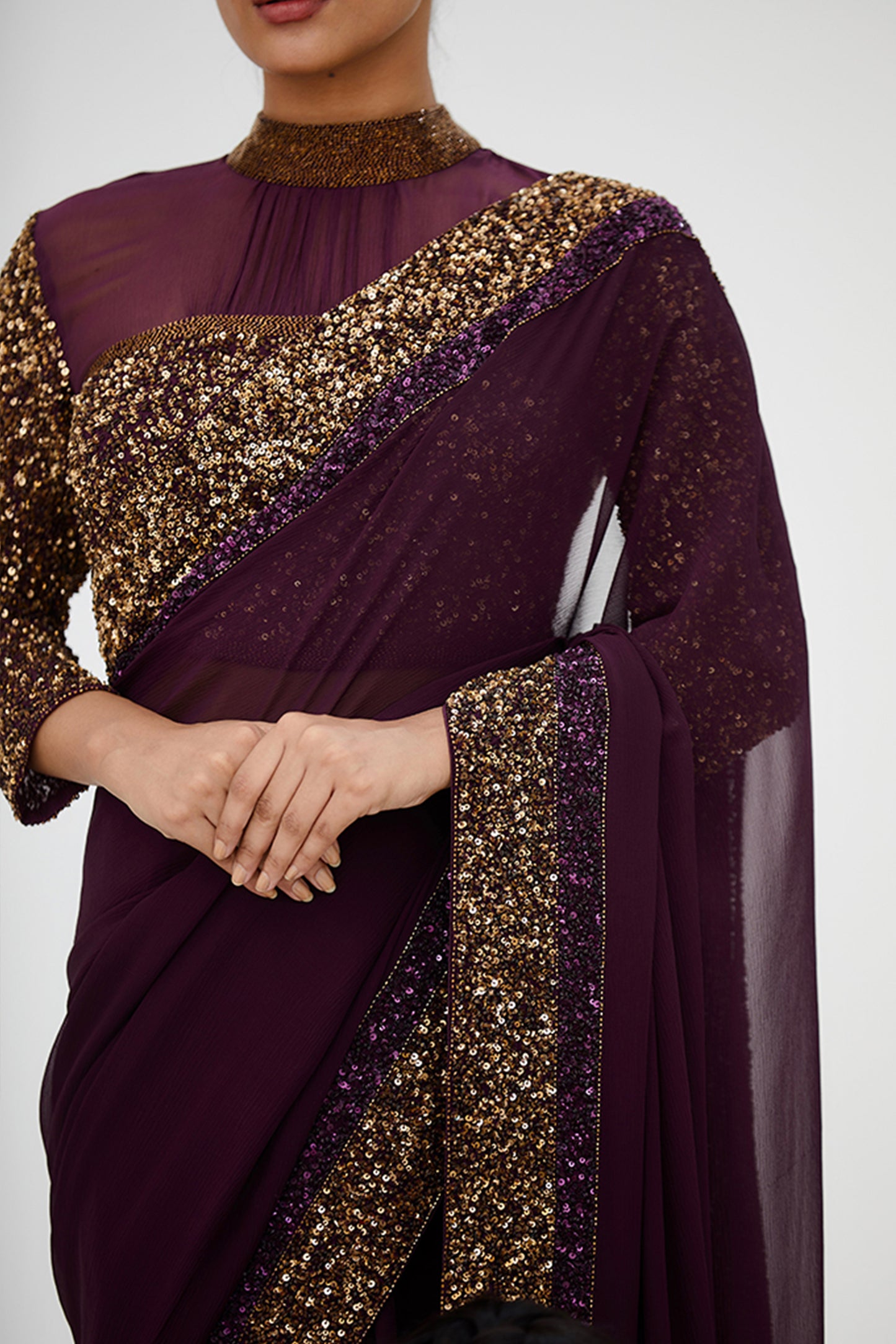 Sari Set with Gold and Tonal Double Border in Sequin Embroidery