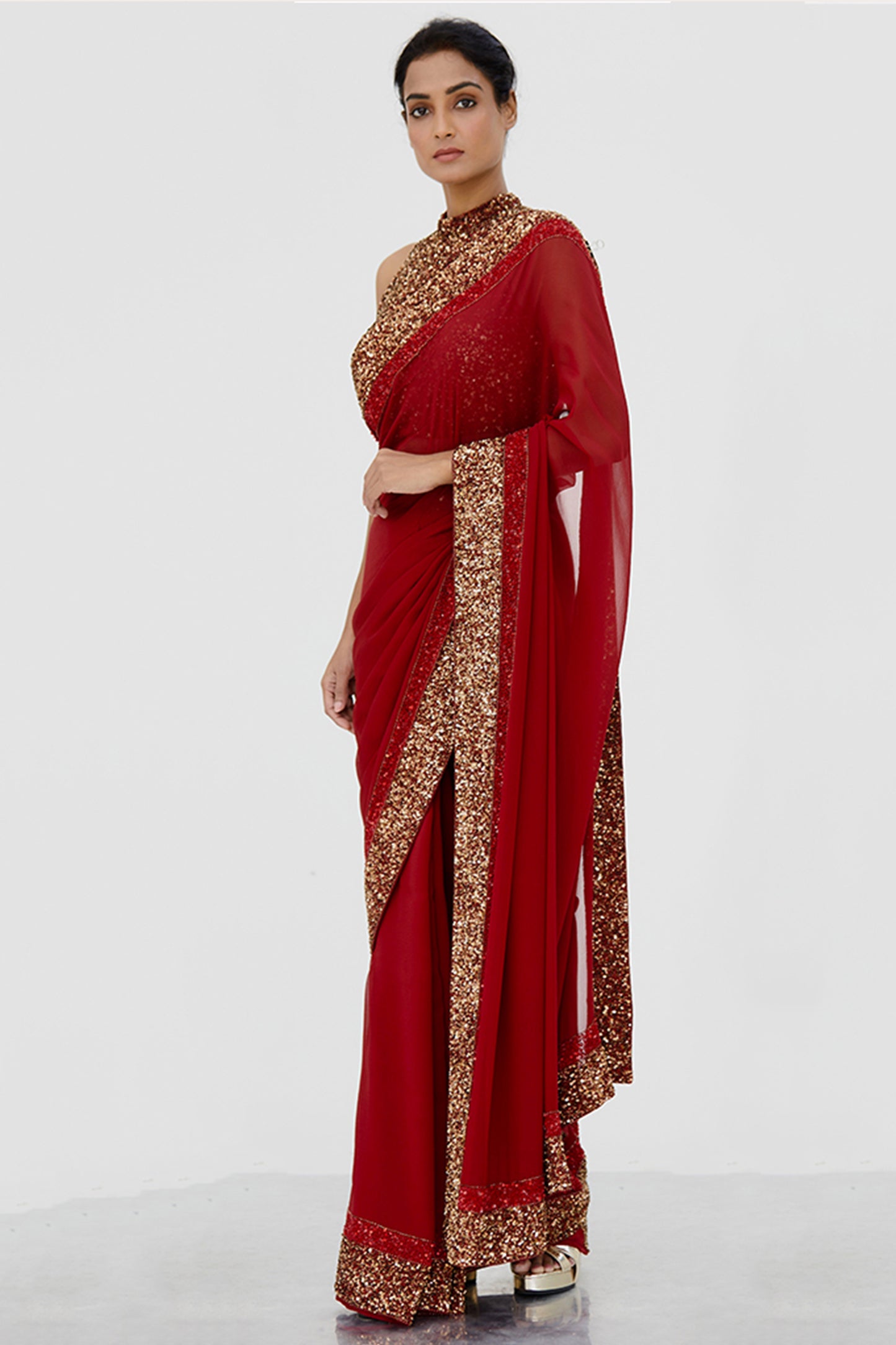 Sari Set with Gold and Tonal Double Border in Sequin Embroidery