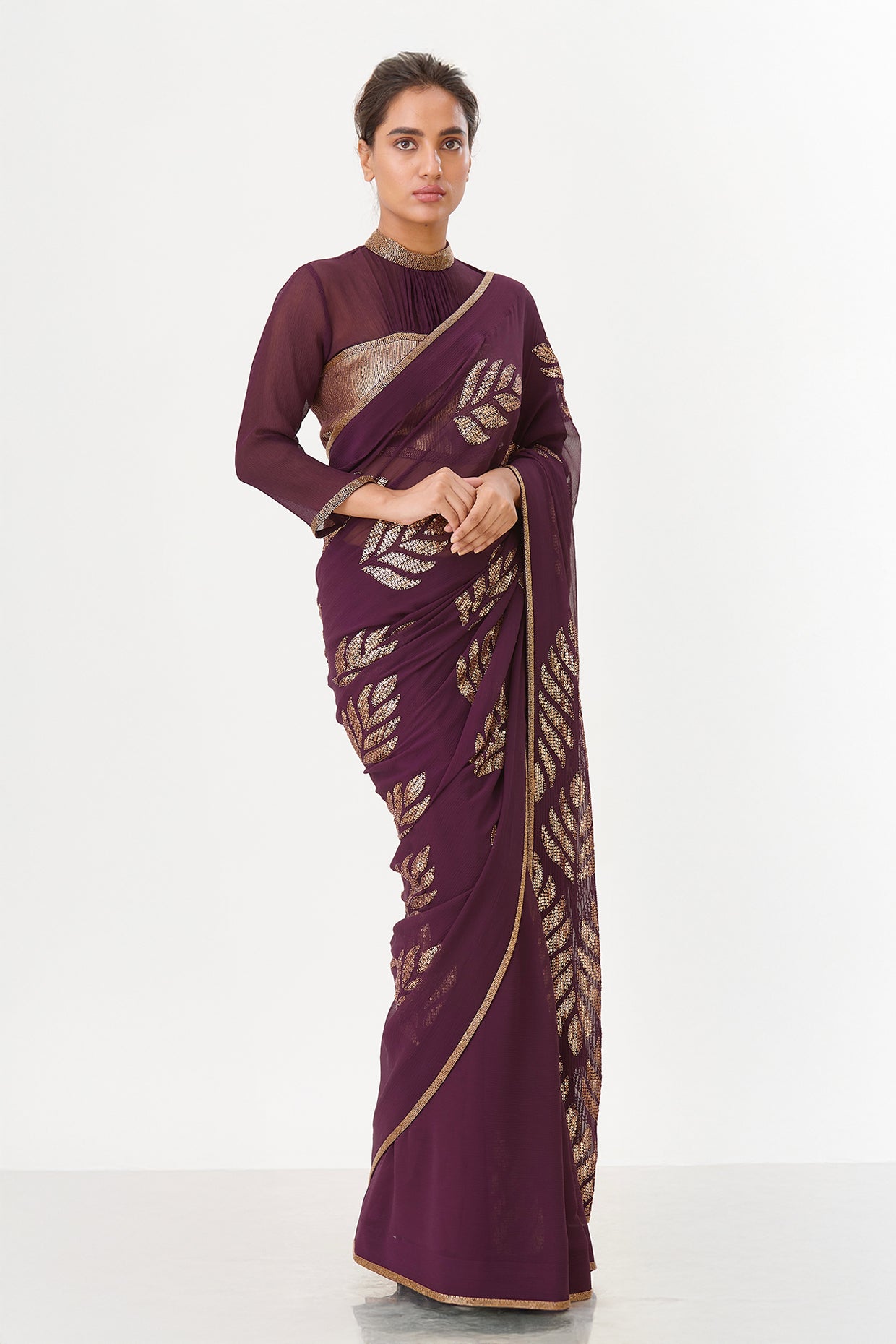 Sari Set with Leaf Pattern Sequin Embroidery