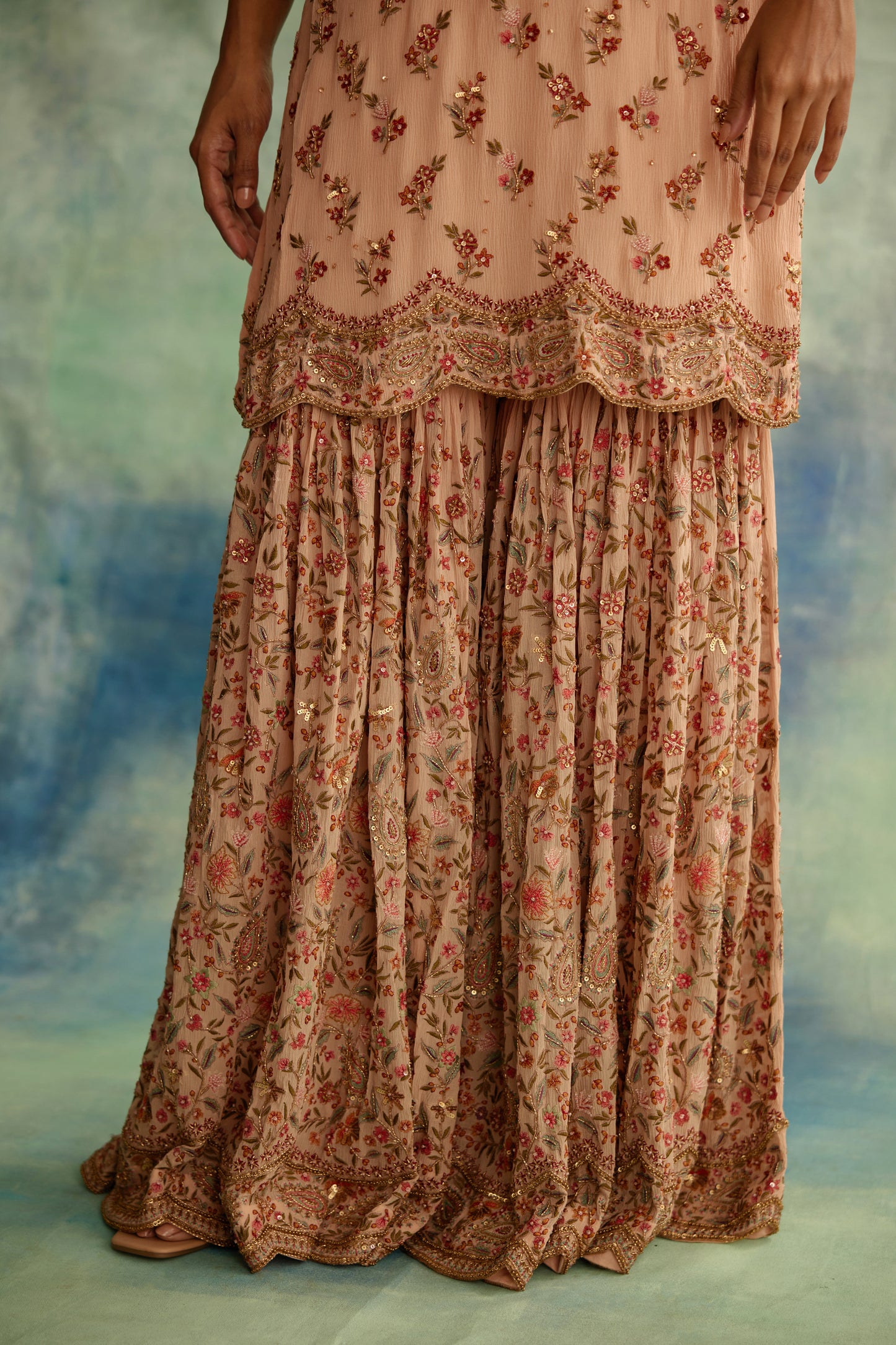 Gharara Set in Paisley Floral Thread embroidery
