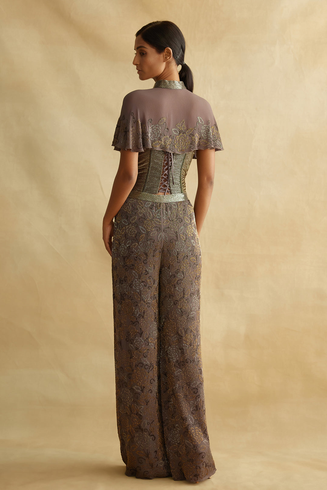 Corset and Pants Set with a Capelet in Bead Work Embroidery
