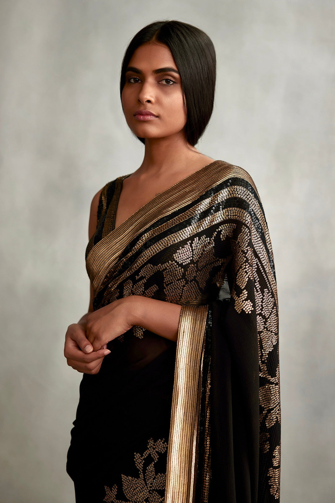 Sari Set in a Floral Motif in Gold Sequins