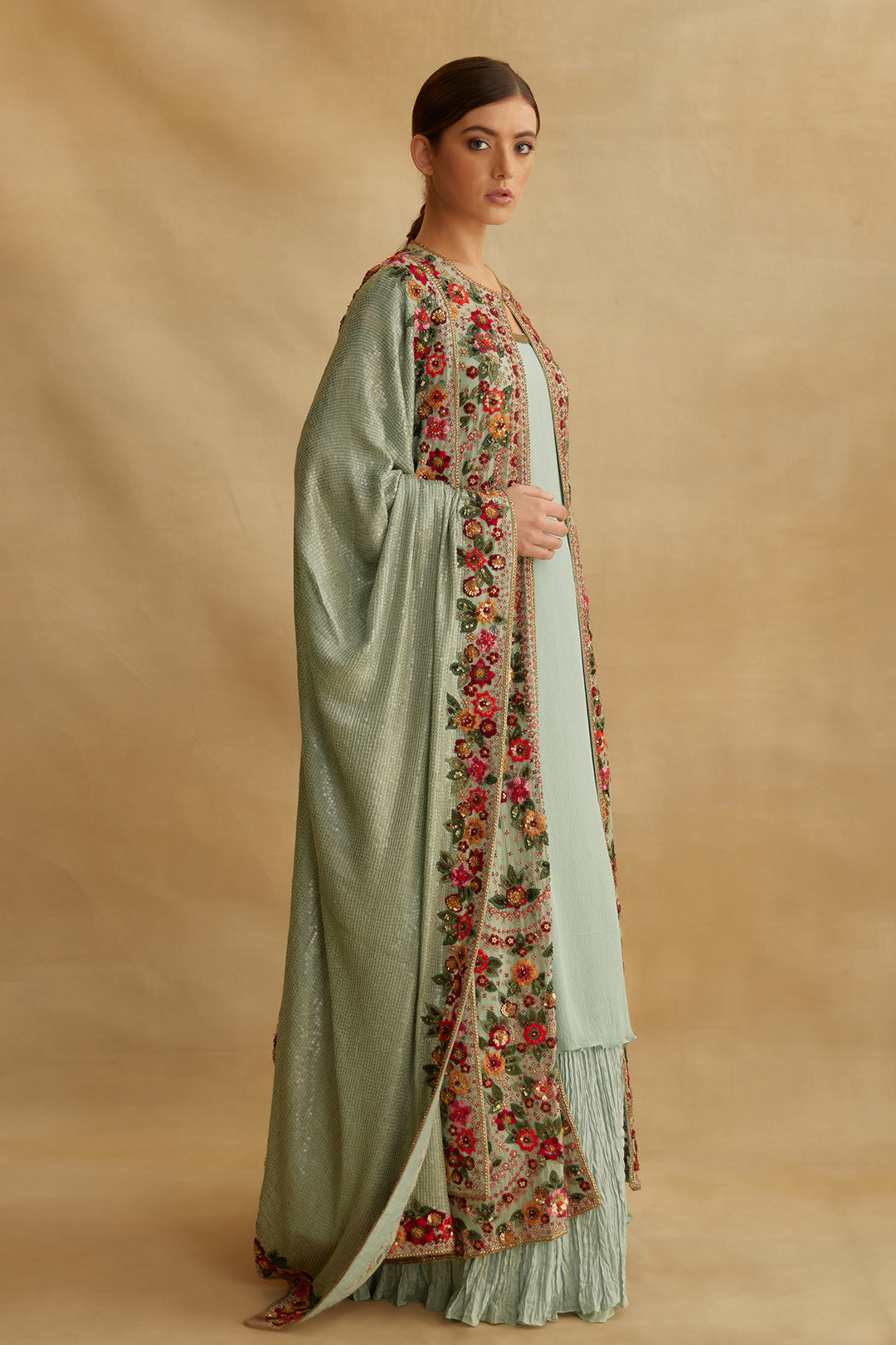 Jacket Set in Floral Multi Thread Embroidery