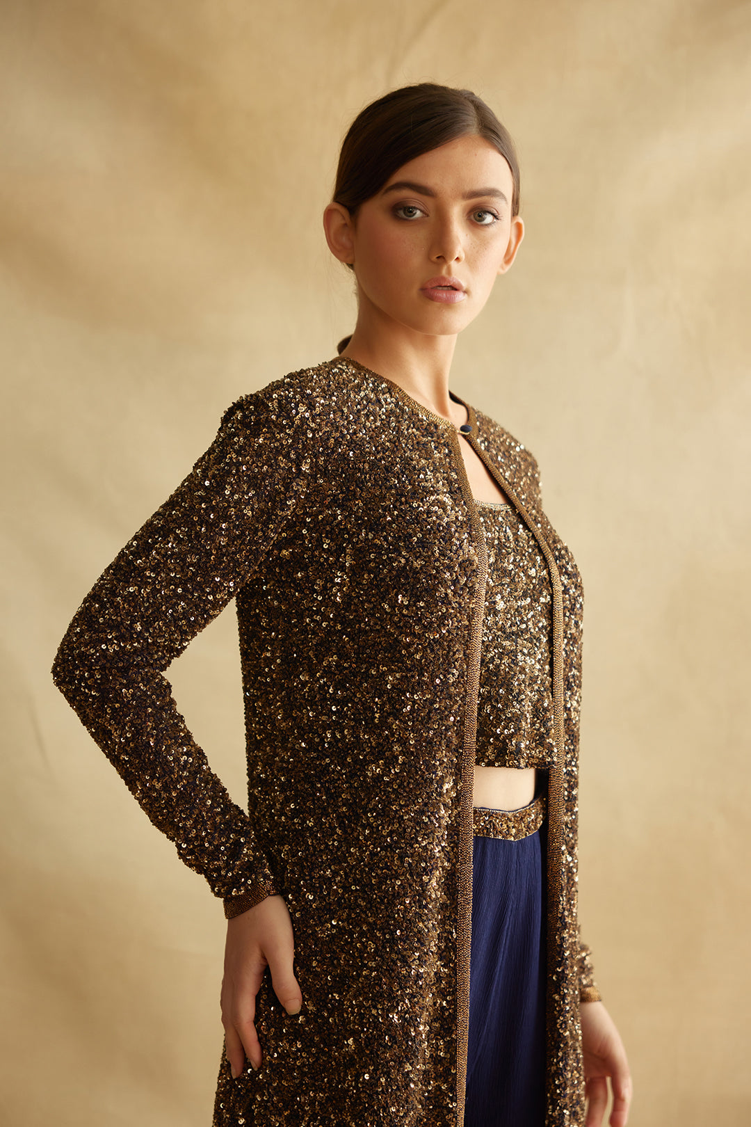 Jacket Set with Gold Sequin Embroidery