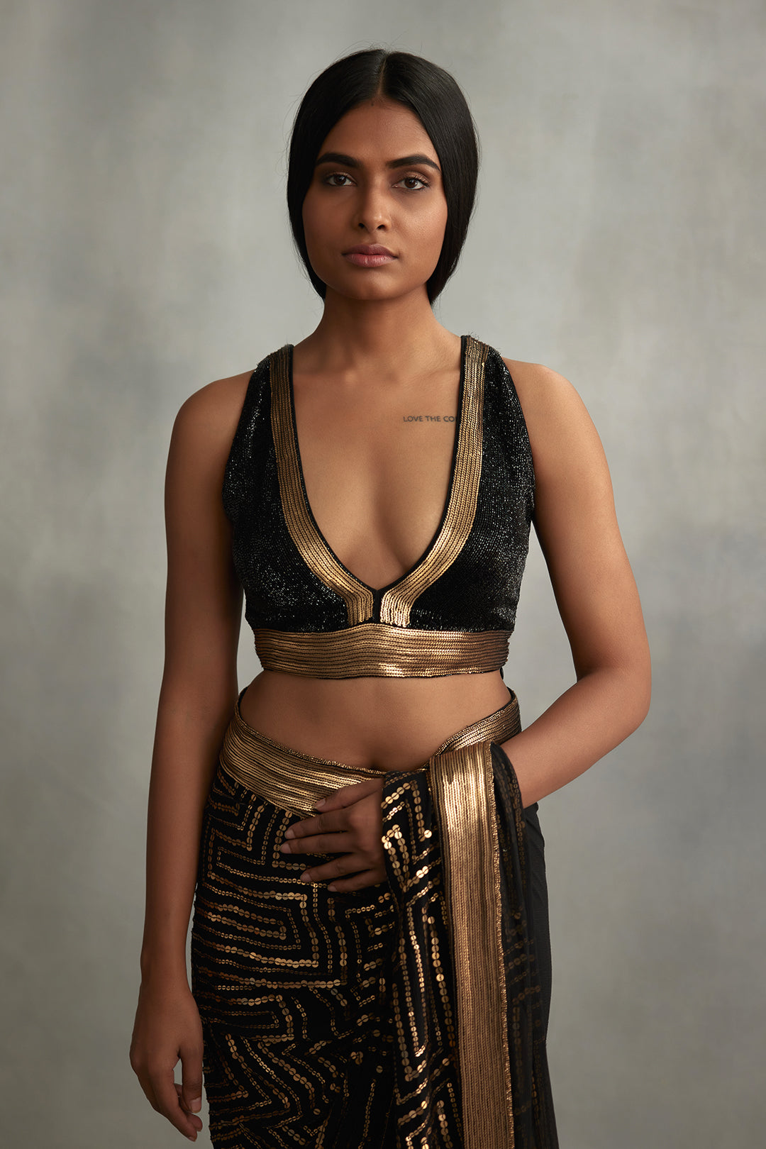 Sari Set in Gold Sequin Embroidery in Maze Design