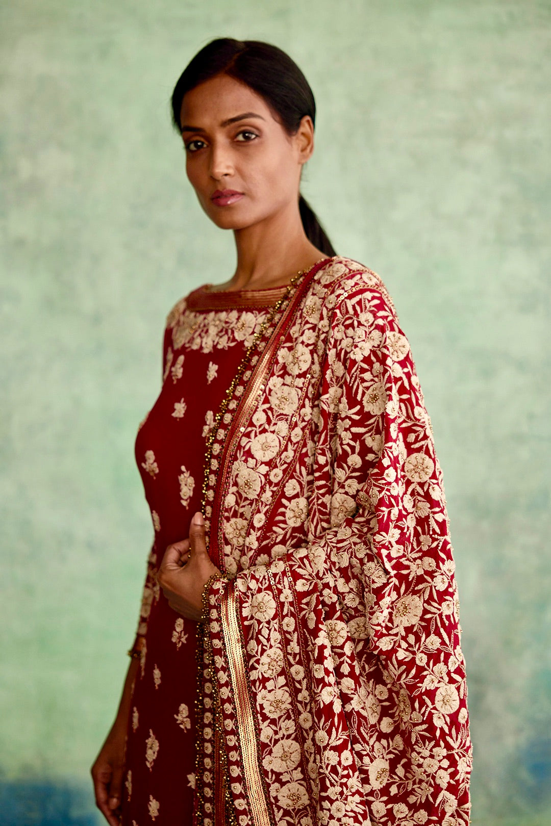 Gharara Set in Old World Ivory Thread Floral Embroidery