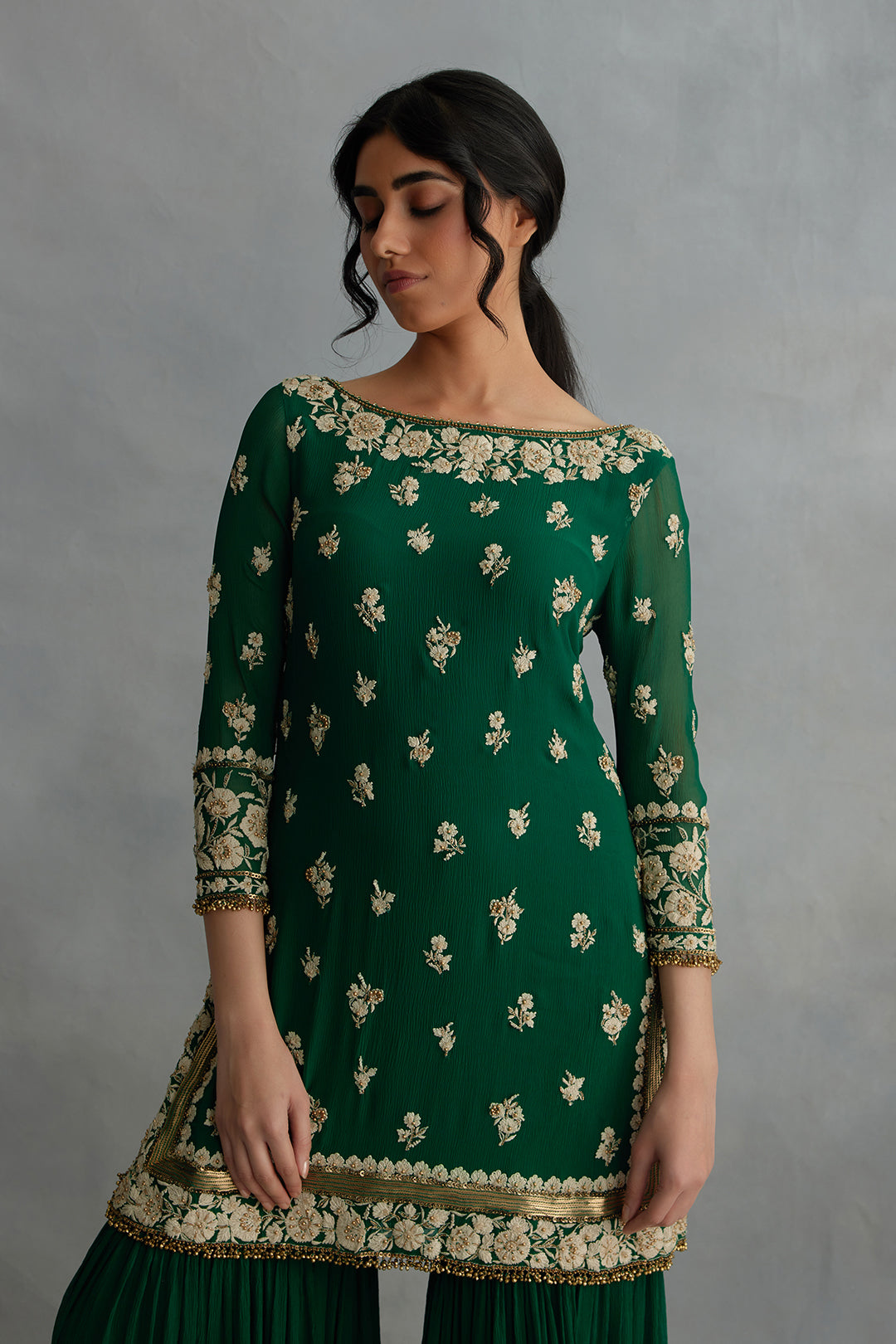 Gharara Set in Old World Ivory Thread Floral Embroidery