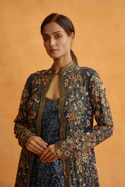 Jacket Set with Floral Thread Embroidery