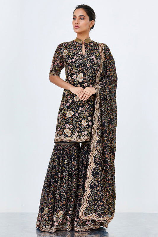 Gharara Set with Intricate Floral Thread Embroidery