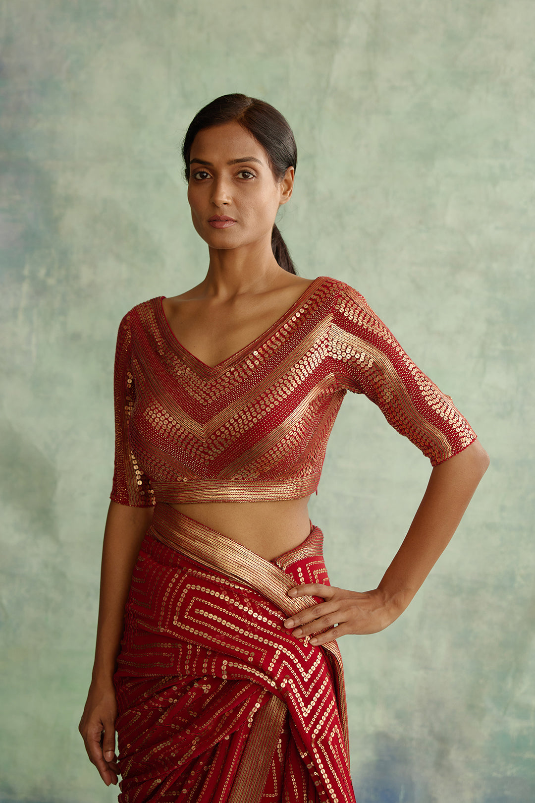 Sari Set in Gold Sequin Embroidery in Maze Design