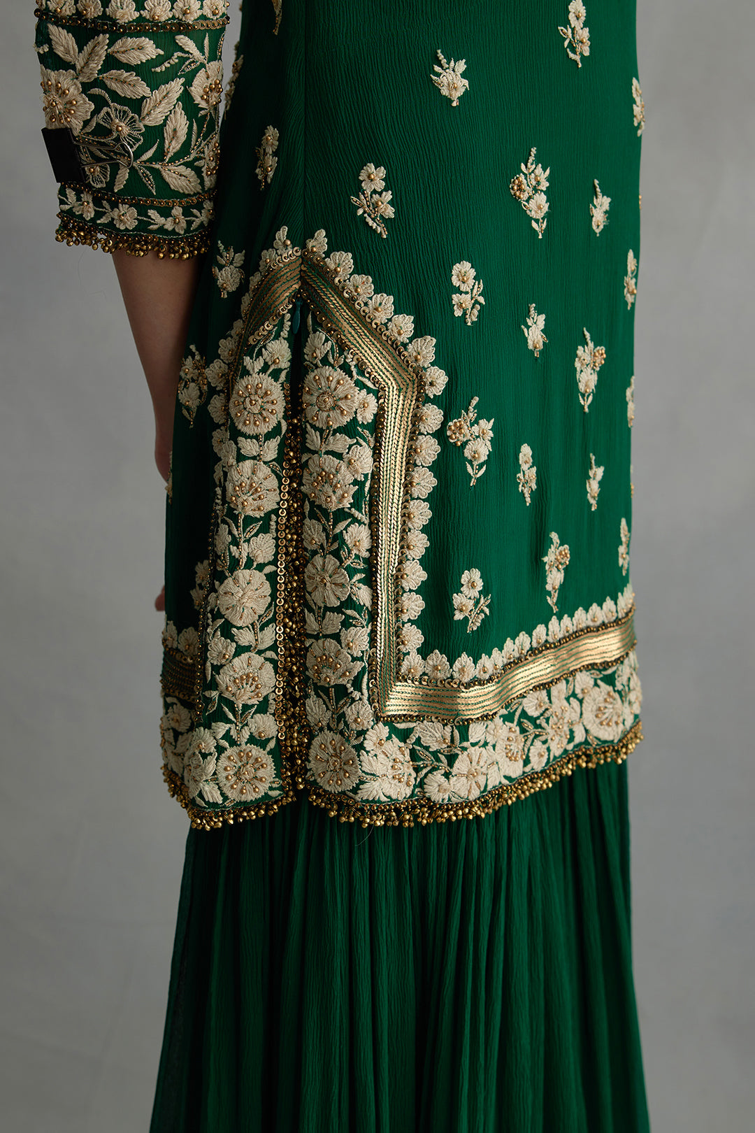 Gharara Set in Old World Ivory Thread Floral Embroidery