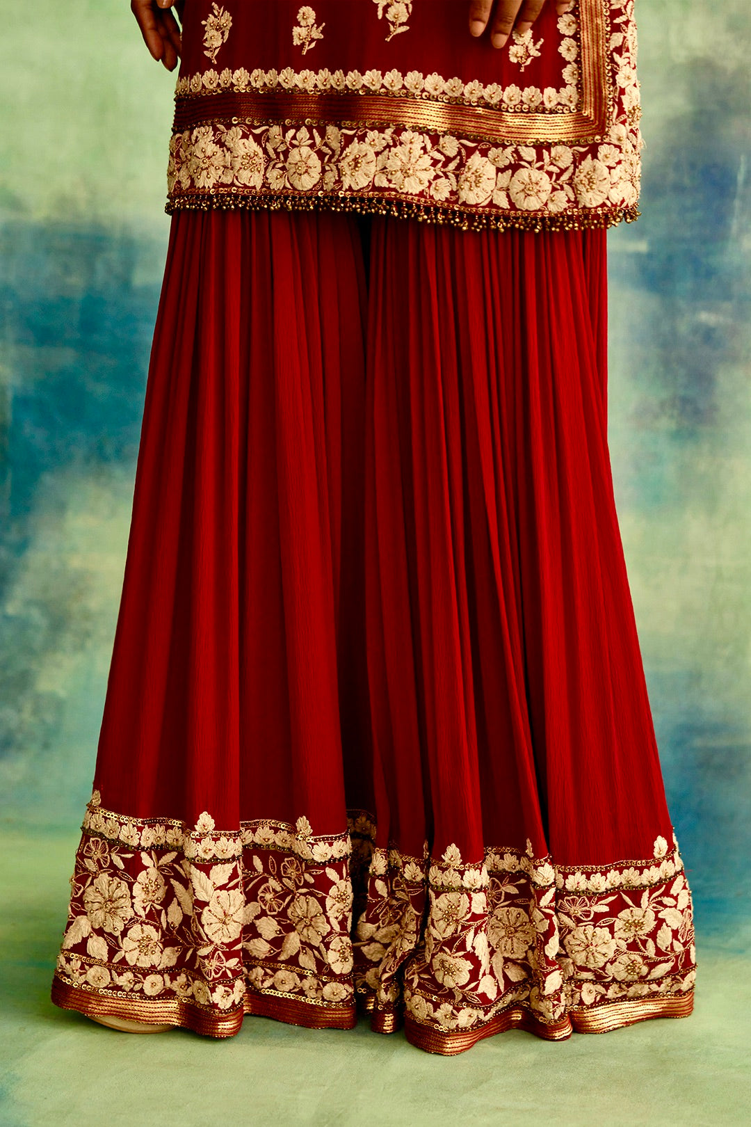 Gharara Set in Old World Ivory Thread Floral Embroidery
