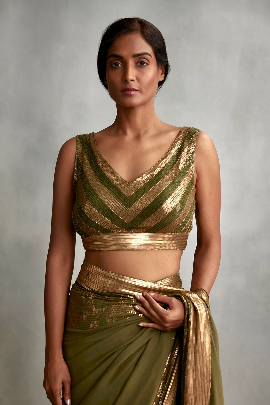 Sari Set in a floral motif in gold sequin embroidery