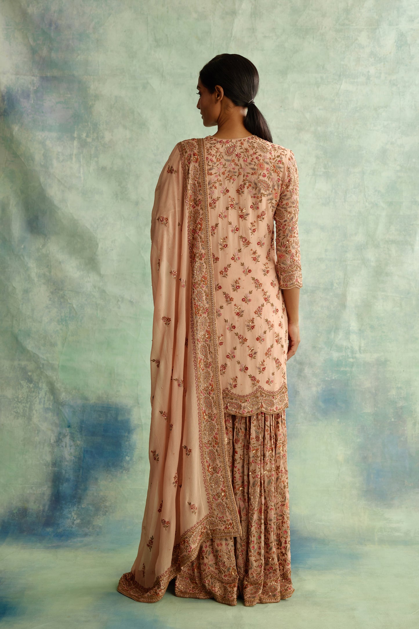 Gharara Set in Paisley Floral Thread embroidery