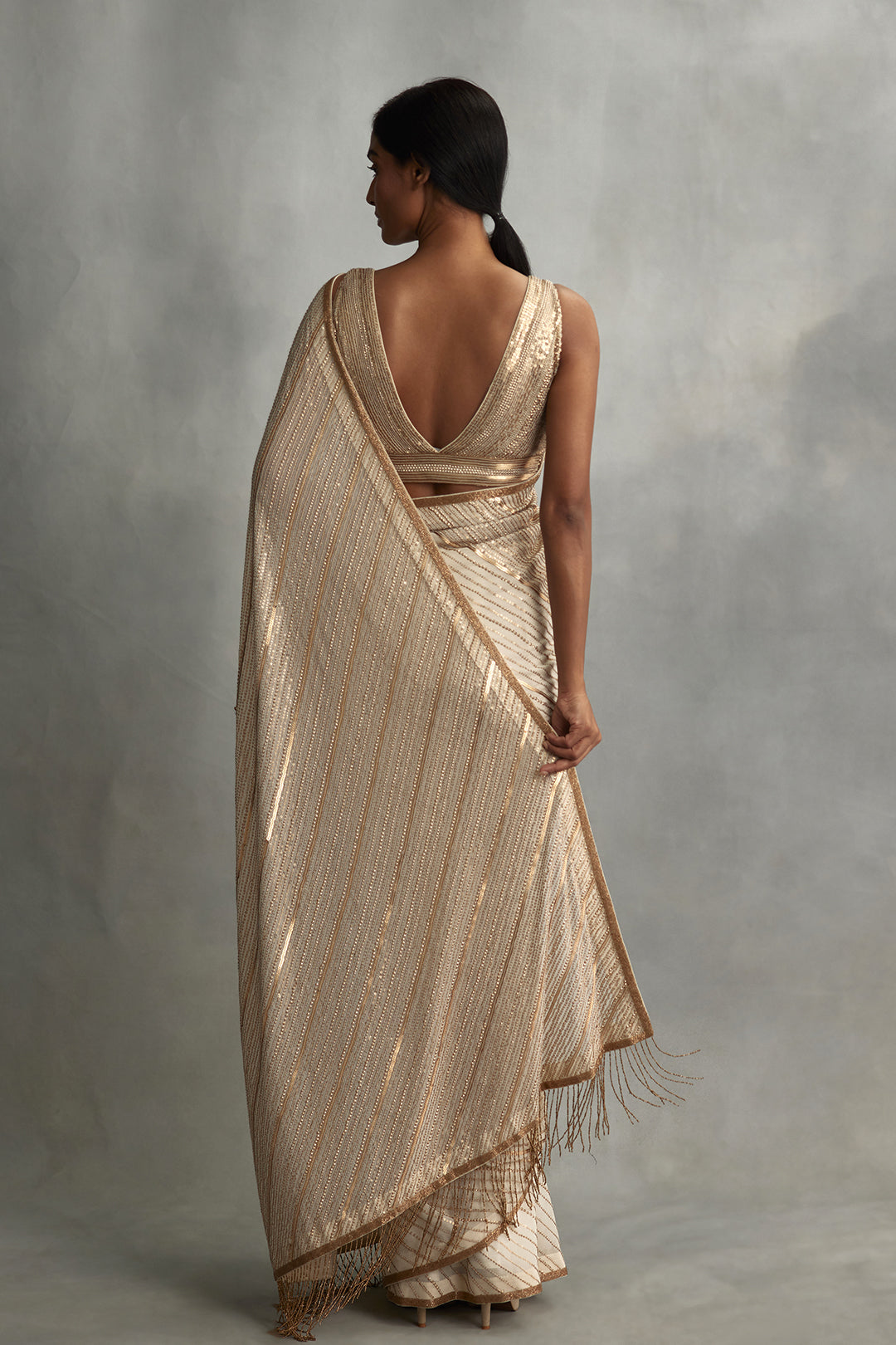 Sari Set in Diagonal Dots Sequin Embroidery