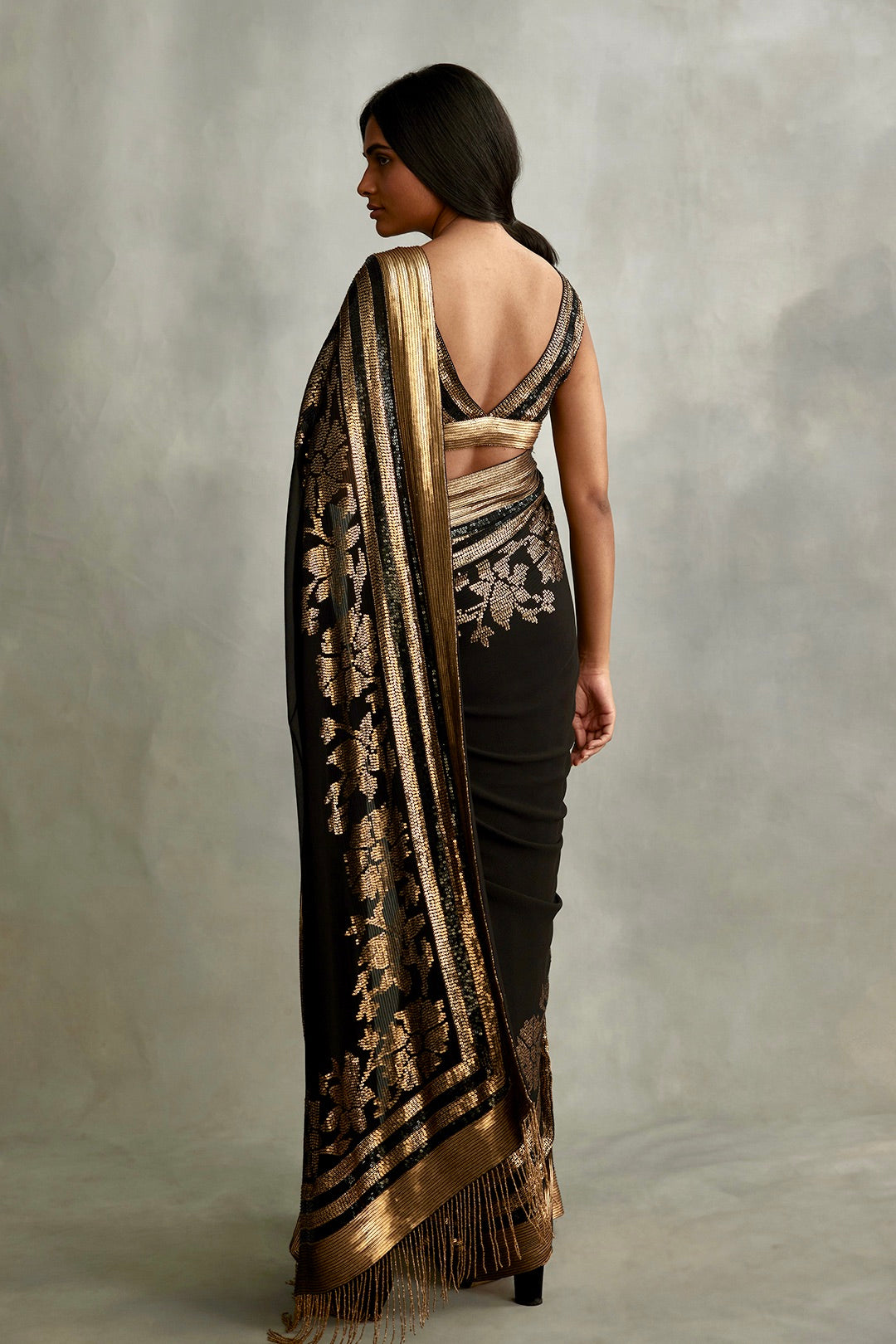 Sari Set in a Floral Motif in Gold Sequins