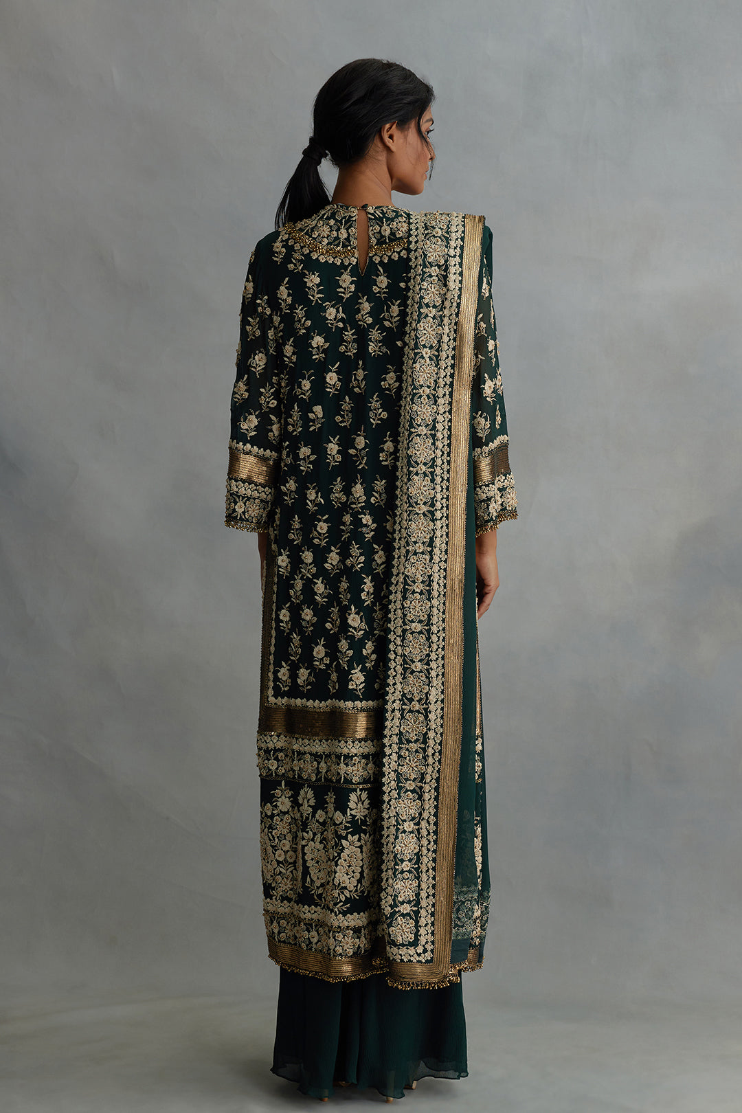 Kurta Set in Old World Charm Ivory Thread Embroidery with Gold Sequin Accents