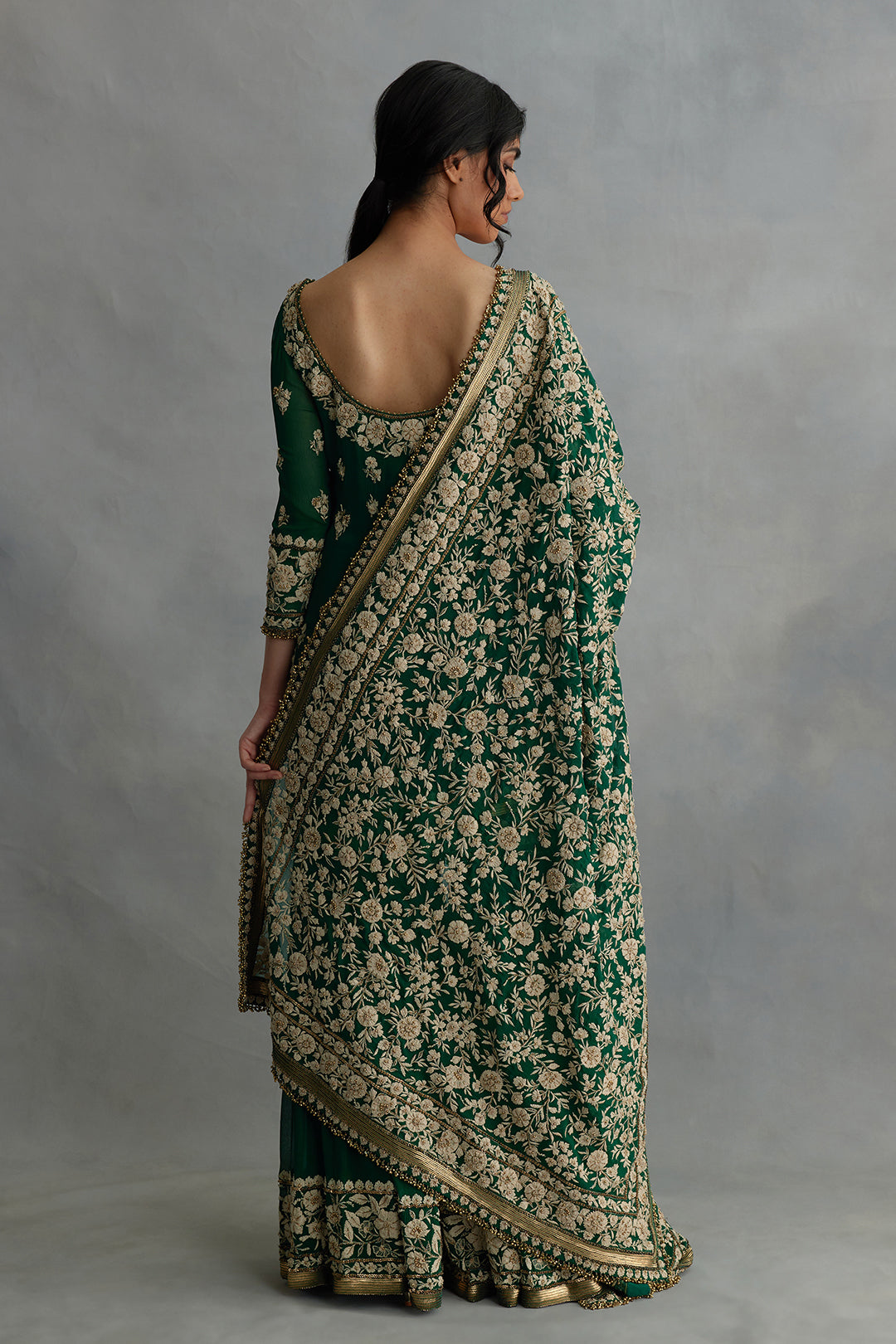 Gharara Set in Old World Ivory Thread Floral Embroidery