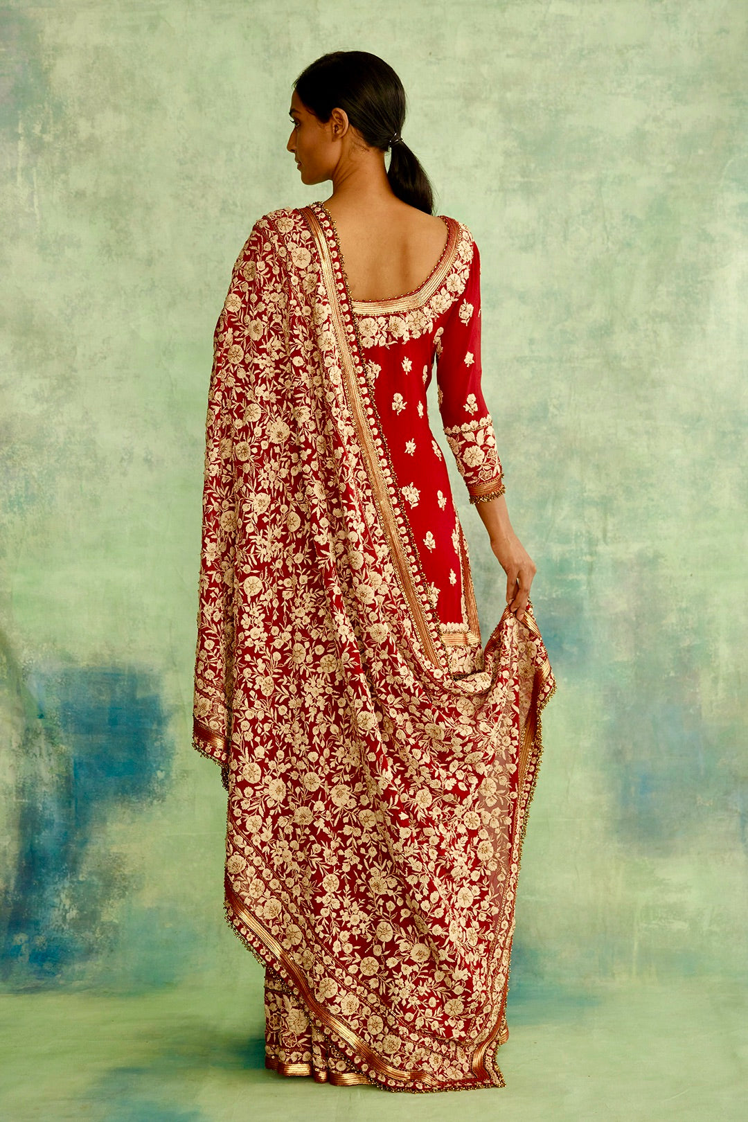 Gharara Set in Old World Ivory Thread Floral Embroidery