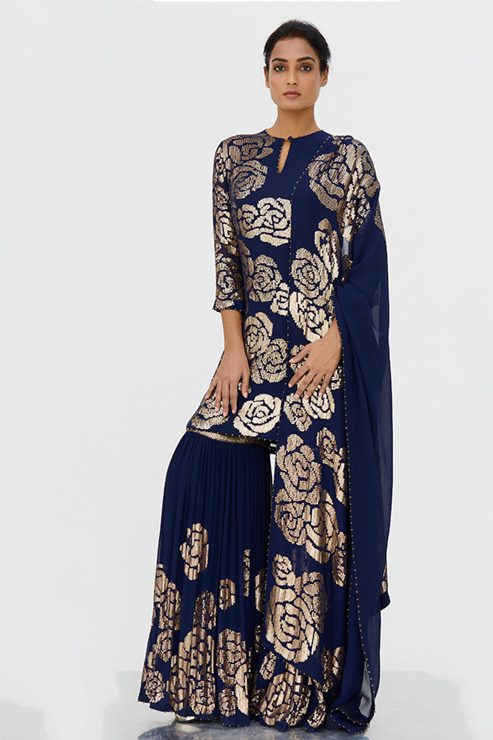 Gharara Set in Signature Rose Design in Gold Sequins Embroidery