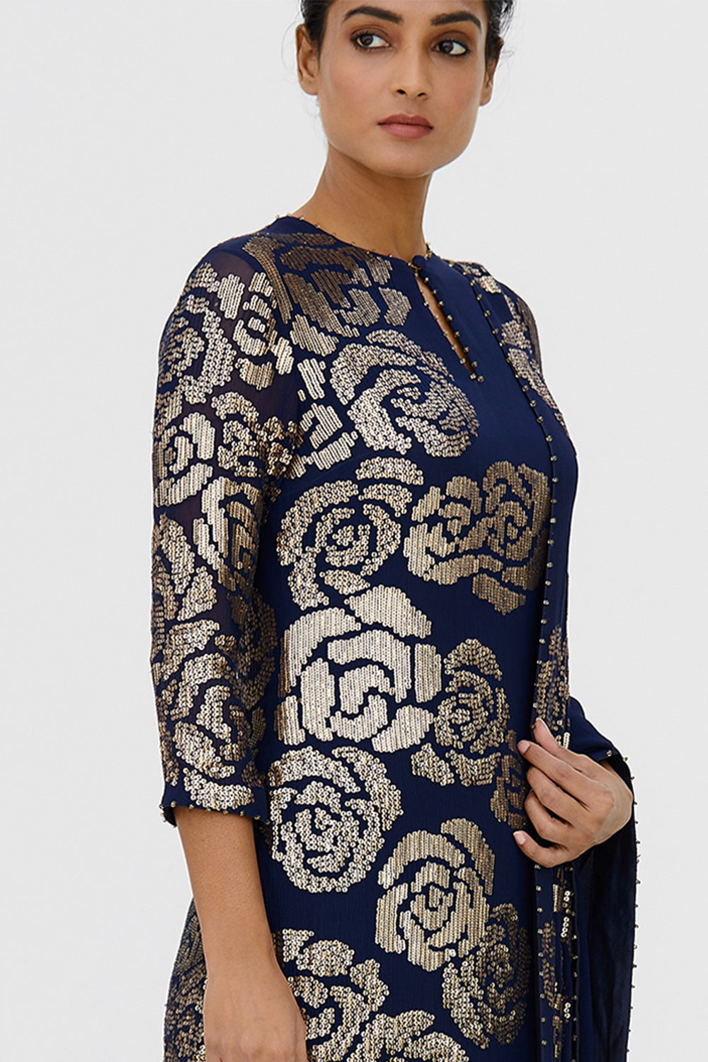 Gharara Set in Signature Rose Design in Gold Sequins Embroidery