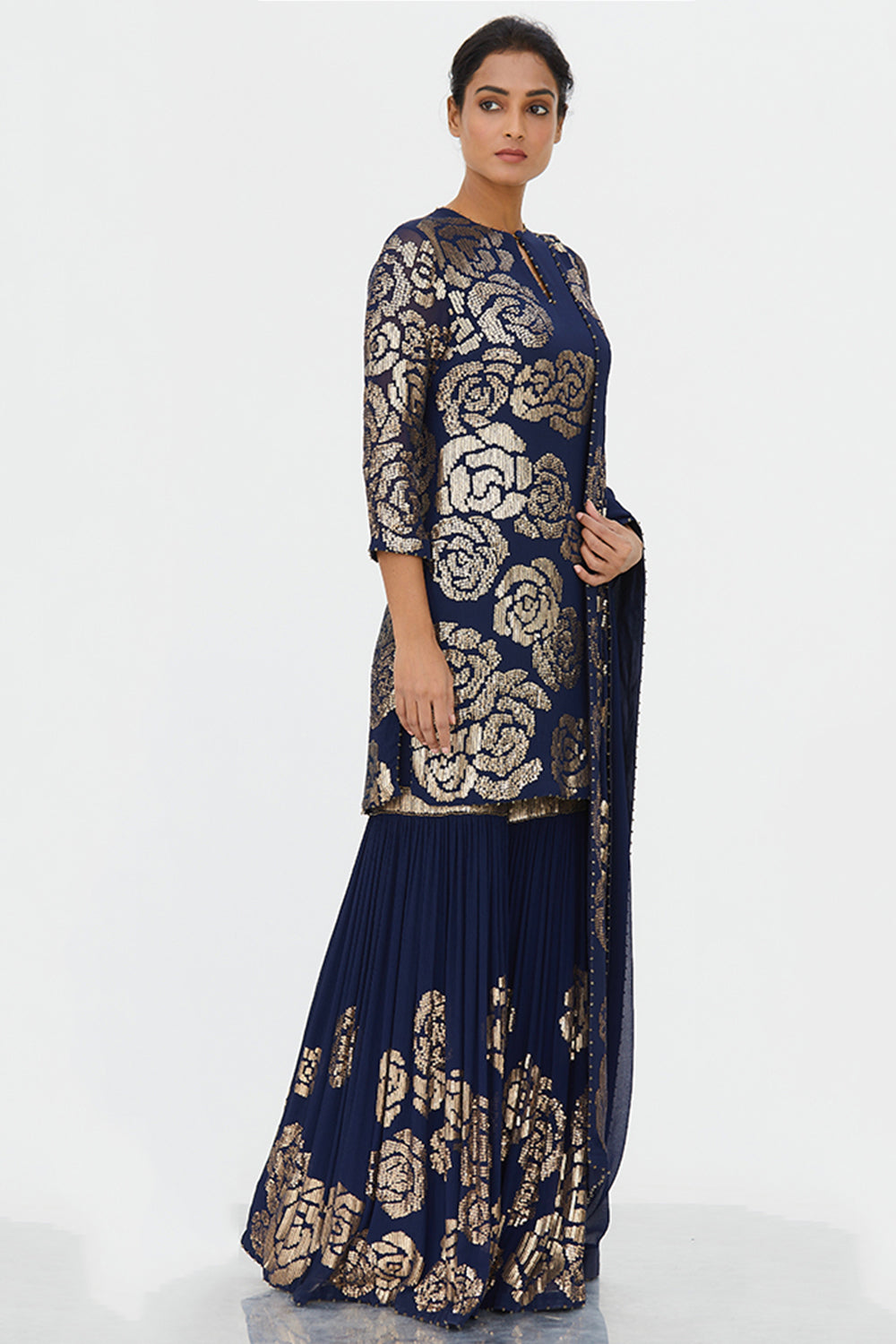 Gharara Set in Signature Rose Design in Gold Sequins Embroidery