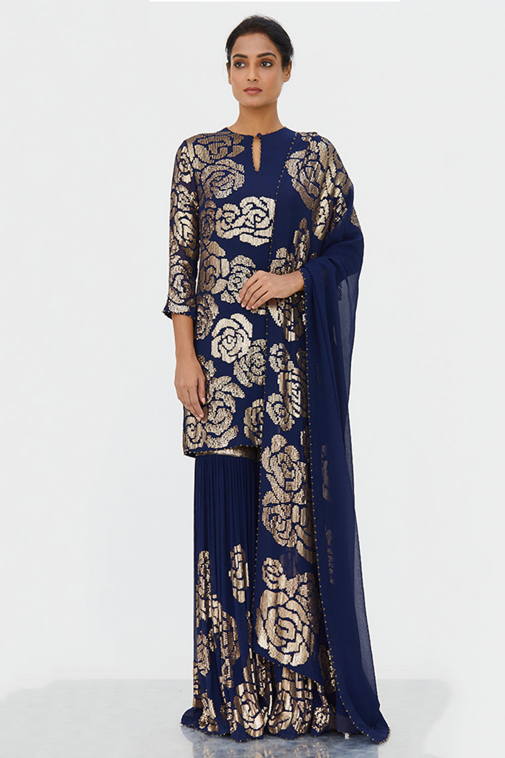 Gharara Set in Signature Rose Design in Gold Sequins Embroidery