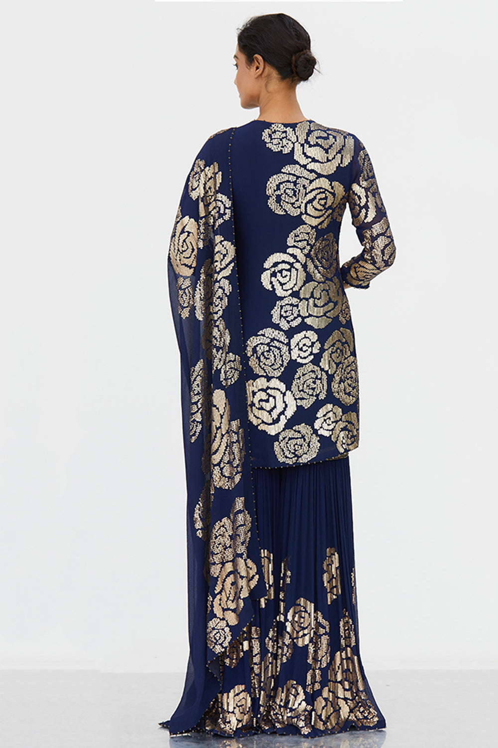 Gharara Set in Signature Rose Design in Gold Sequins Embroidery