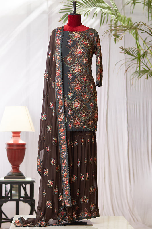 Gharara Set with Floral Embroidery on Satin Applique
