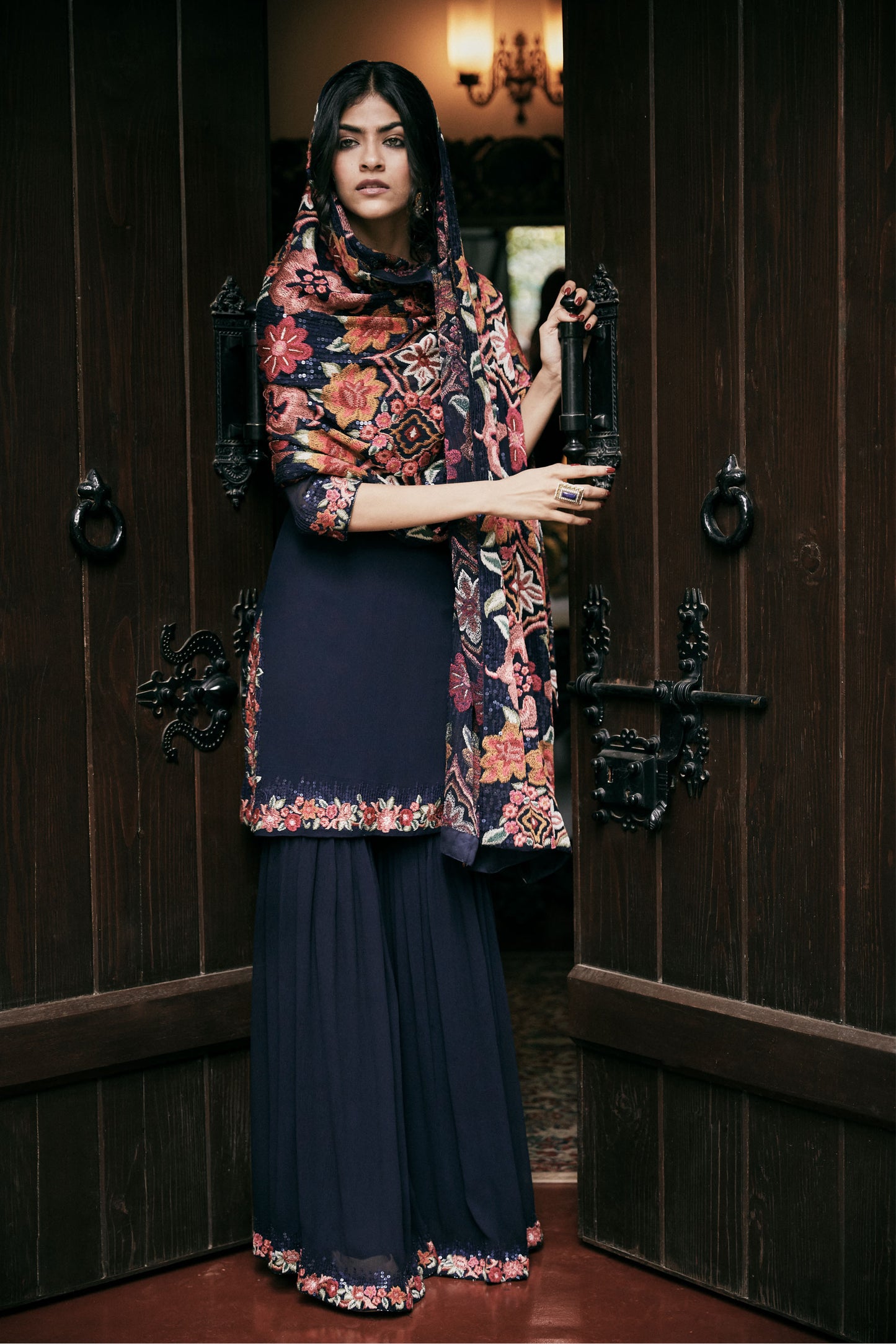 Gharara Set in Ikkat Floral Embroidery