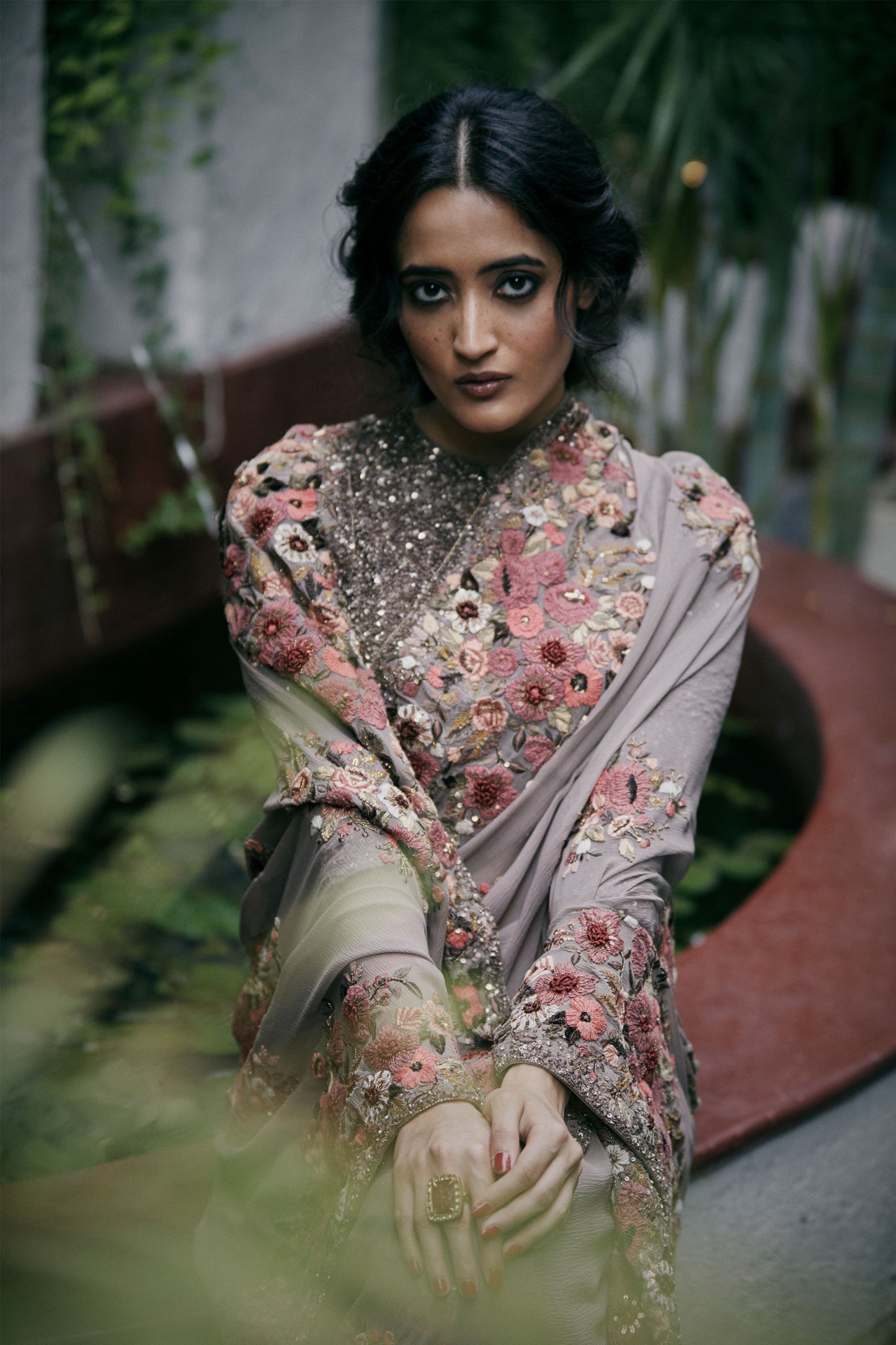 Sari Set in Floral Thread Embroidery