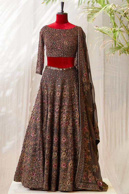 Lehenga Set in Floral Thread & Sequin Embroidery